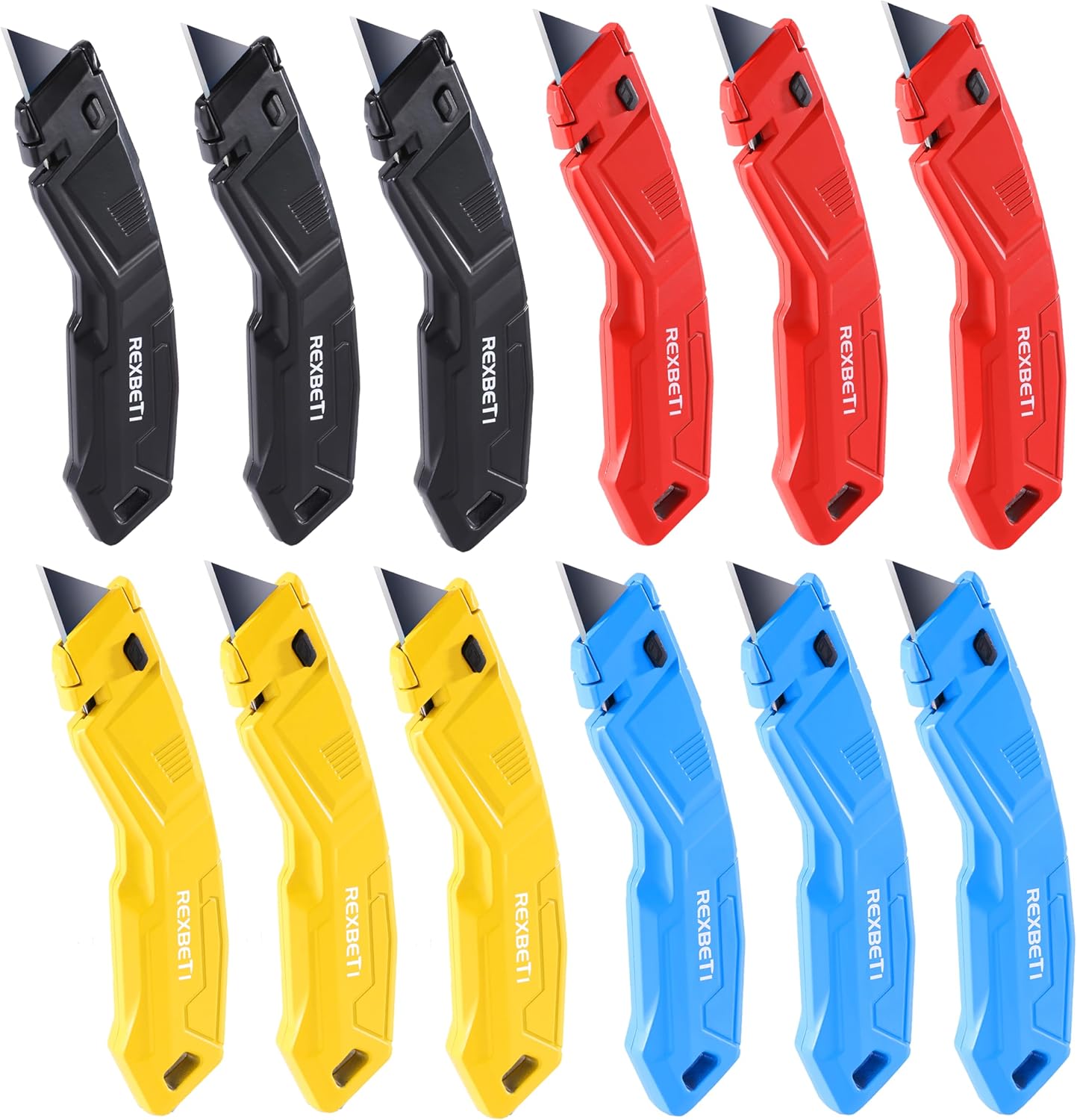 REXBETI 12-Pack Heavy Duty Retractable Utility Knives, Aluminum Box Cutters with 20 Extra SK5 Blades - 4 Colors for Boxes, Cardboard & DIY