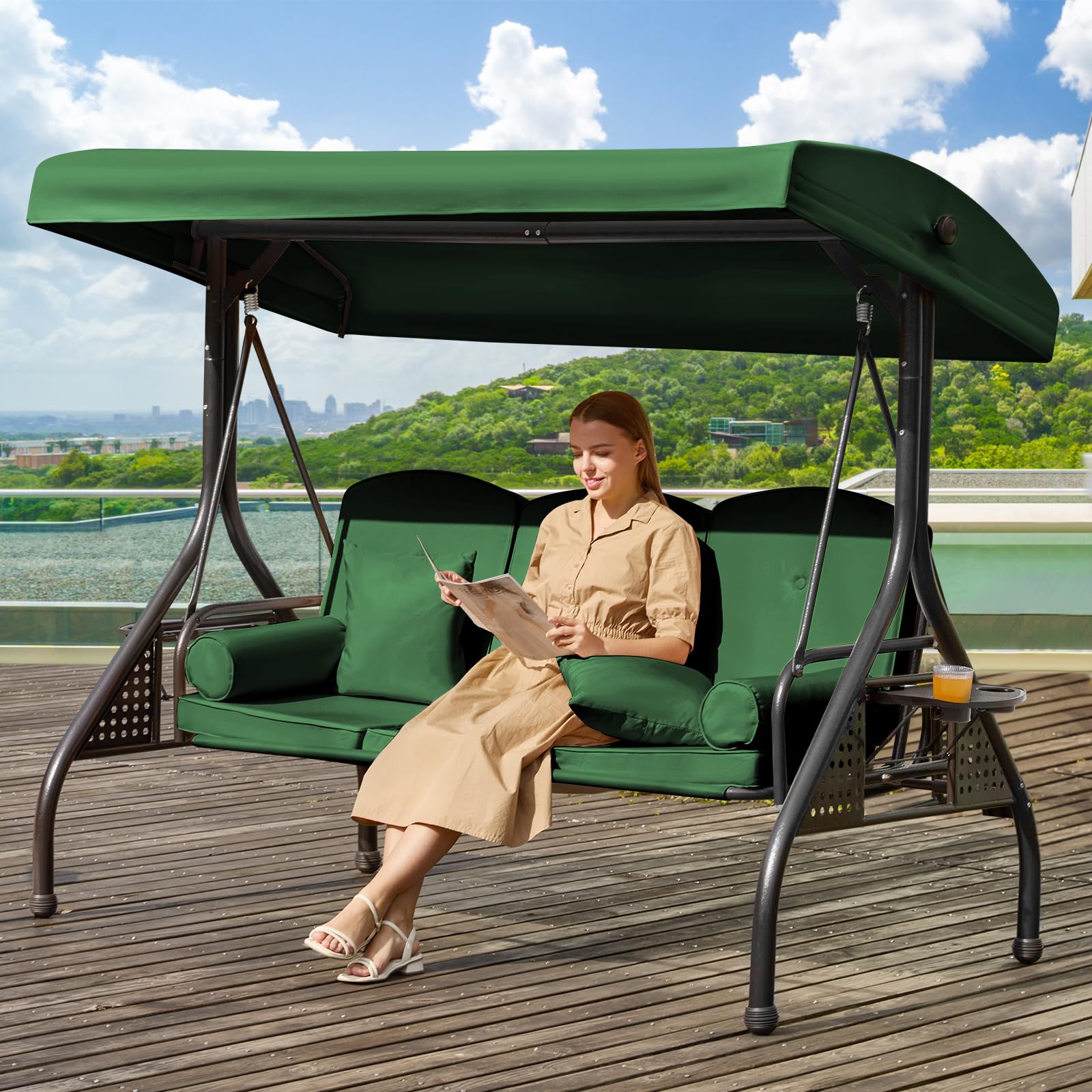 3 in 1 Outdoor Porch Swing with Adjustable Canopy, 3 Seat Outdoor Swing for Adults, Patio Swing Chair with Thickened Cushions,Pillows &amp; Cup Holders for Backyard, Porch, Garden (Green)
