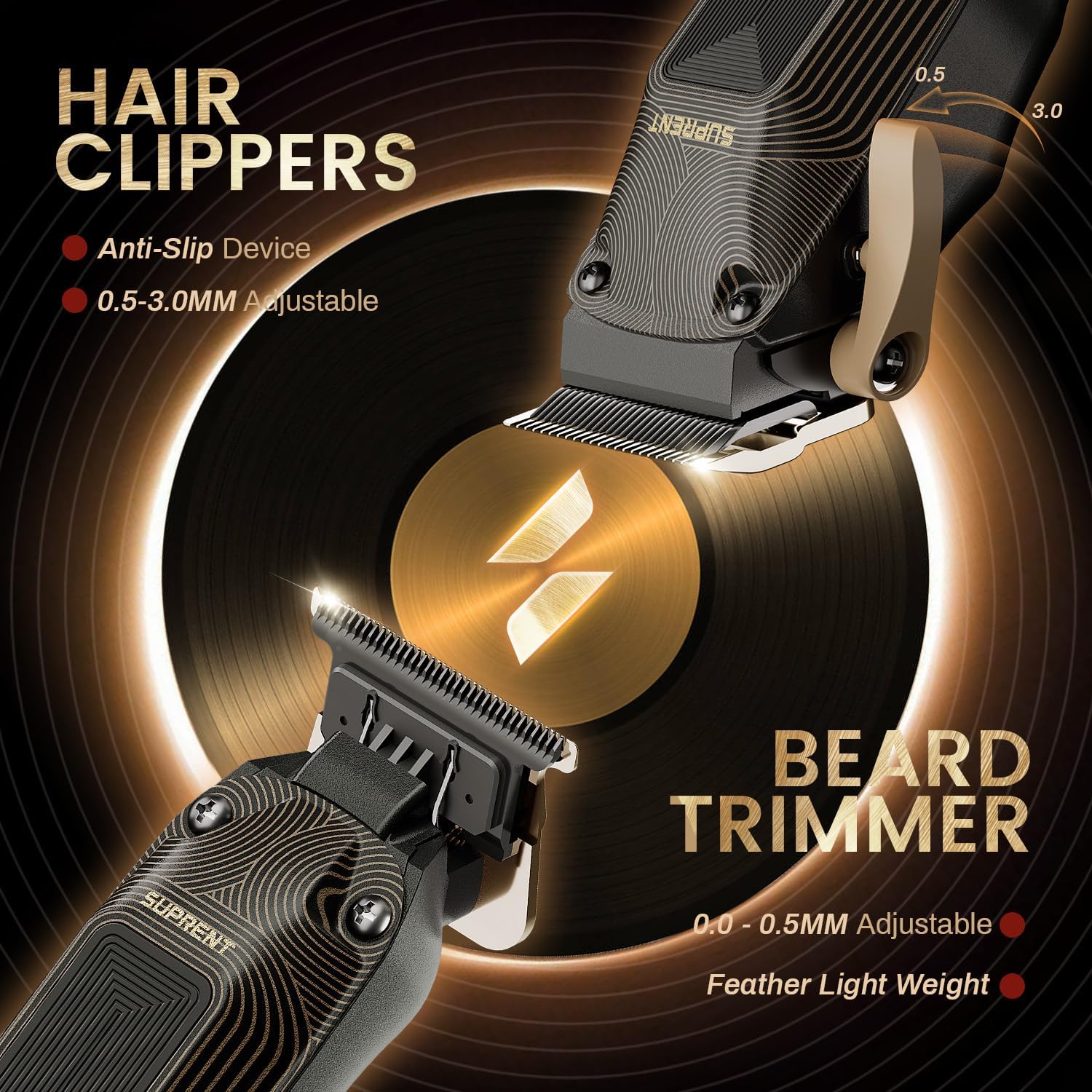 SUPRENT Ripple Professional Hair Clippers for Men, Cordless Barber Kit with 7500RPM High-Speed Motor, Adjustable Zero-Gapped Blades, 10 Guard Combs & Storage Bag, Heavy-Duty Black Gold Design