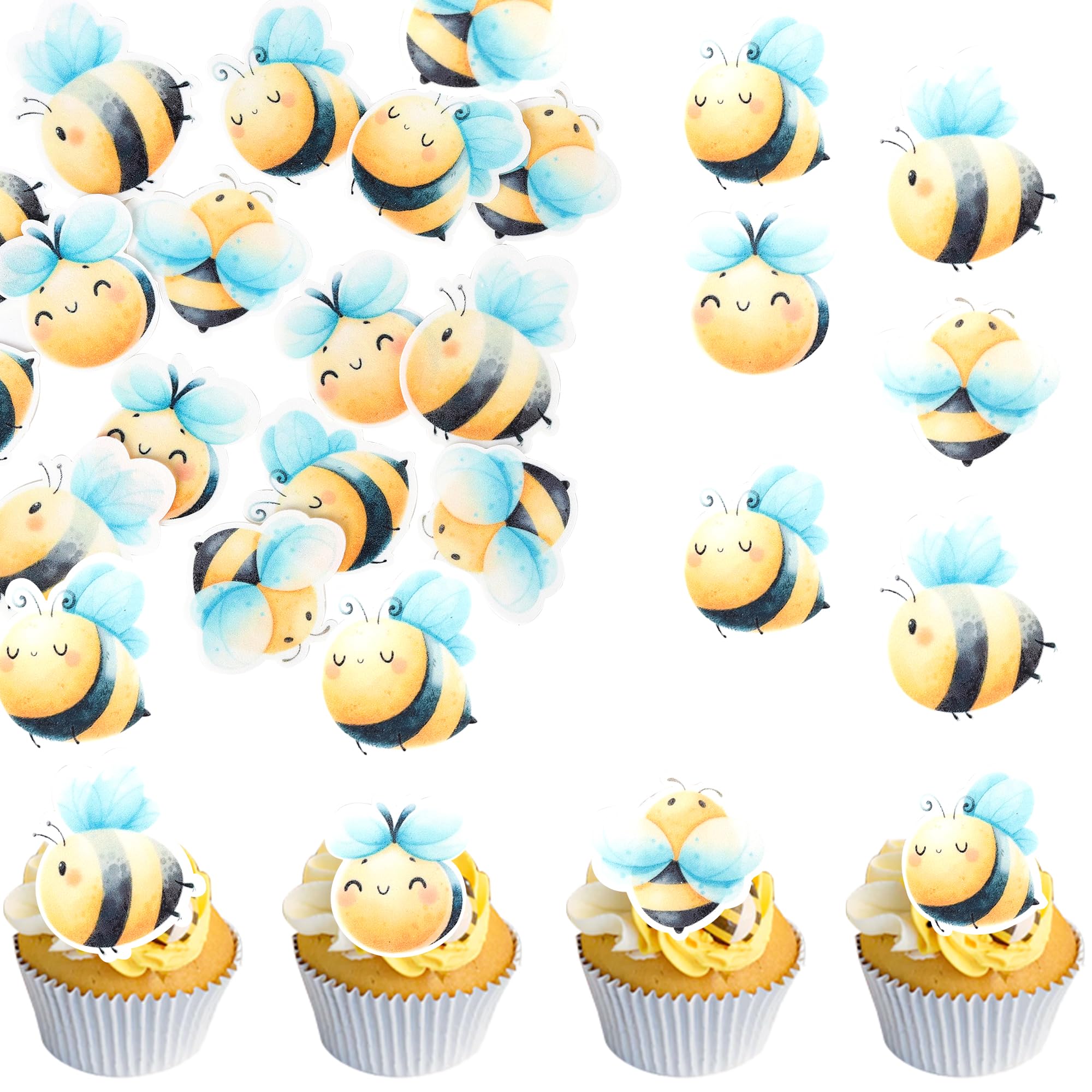 SYKYCTCY 60 Pack Edible Bumble Bee Cupcake Toppers Edible Honey Bee Cupcake Picks Waper Paper Oh Babee Cupcake Decorations for Bee Theme Baby Shower Birthday Party Cake Food Decorations Supplies