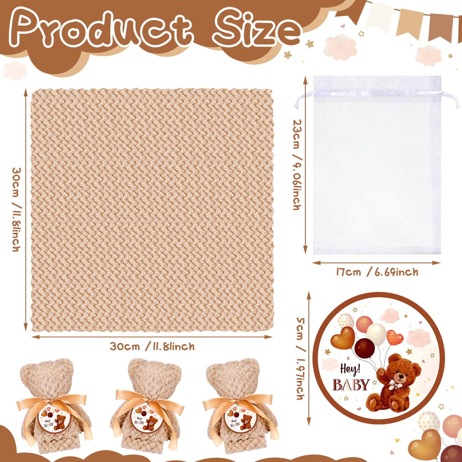 Mindsoft Juego de 24 regalos de baby shower con toalla de oso de forro polar coral, bolsas de organza y tarjetas, toalla de baño suave para regalo, baby shower, bautizo, fiesta