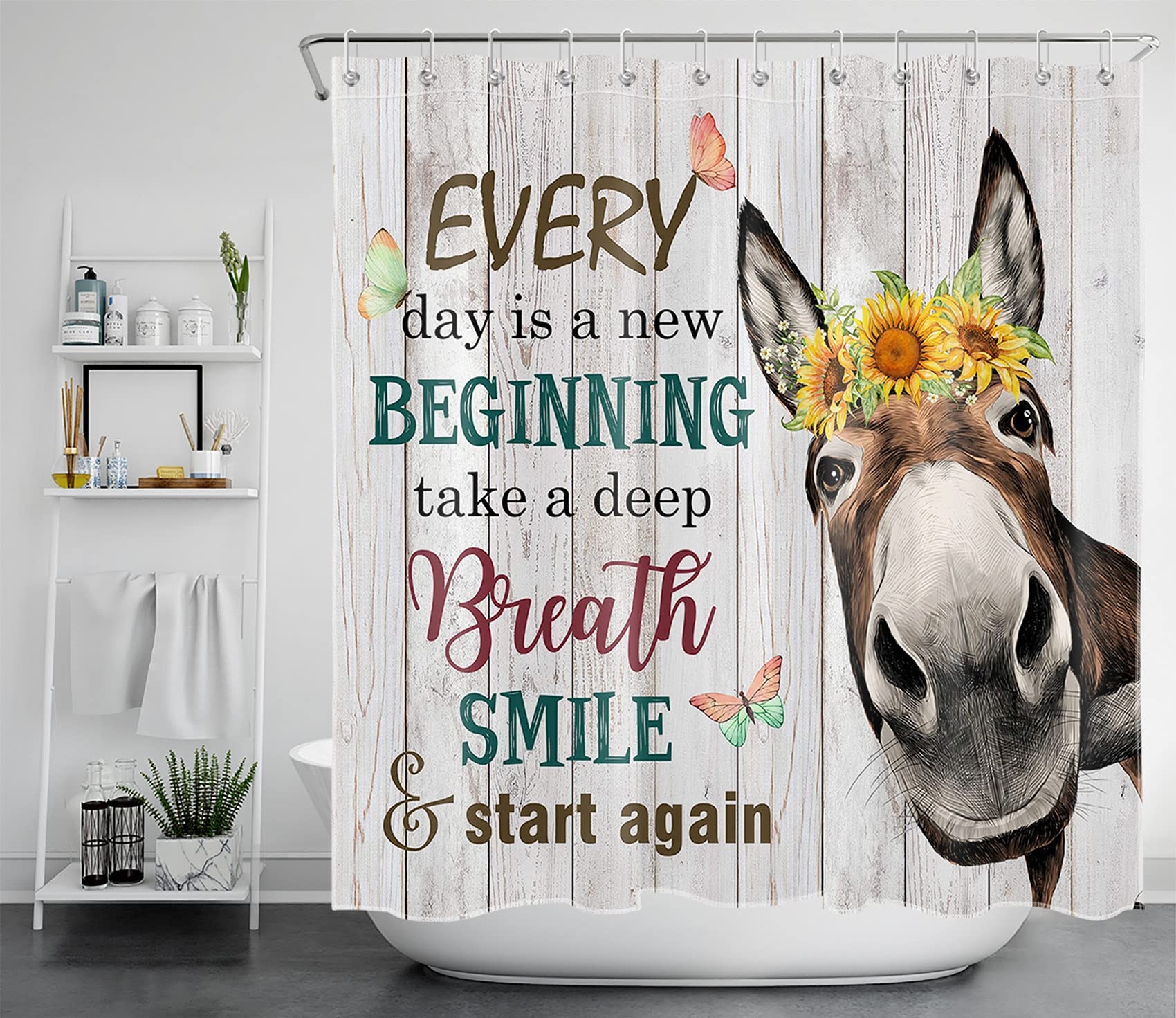 HVEST Farm Donkey Shower Curtain Funny Animal with Sunflower Farmhouse Shower Curtain Inspirational Words on Rustic Wooden Planks Bath Curtain with Hooks, 69x70 Inch Waterproof Fabric Shower Curtain