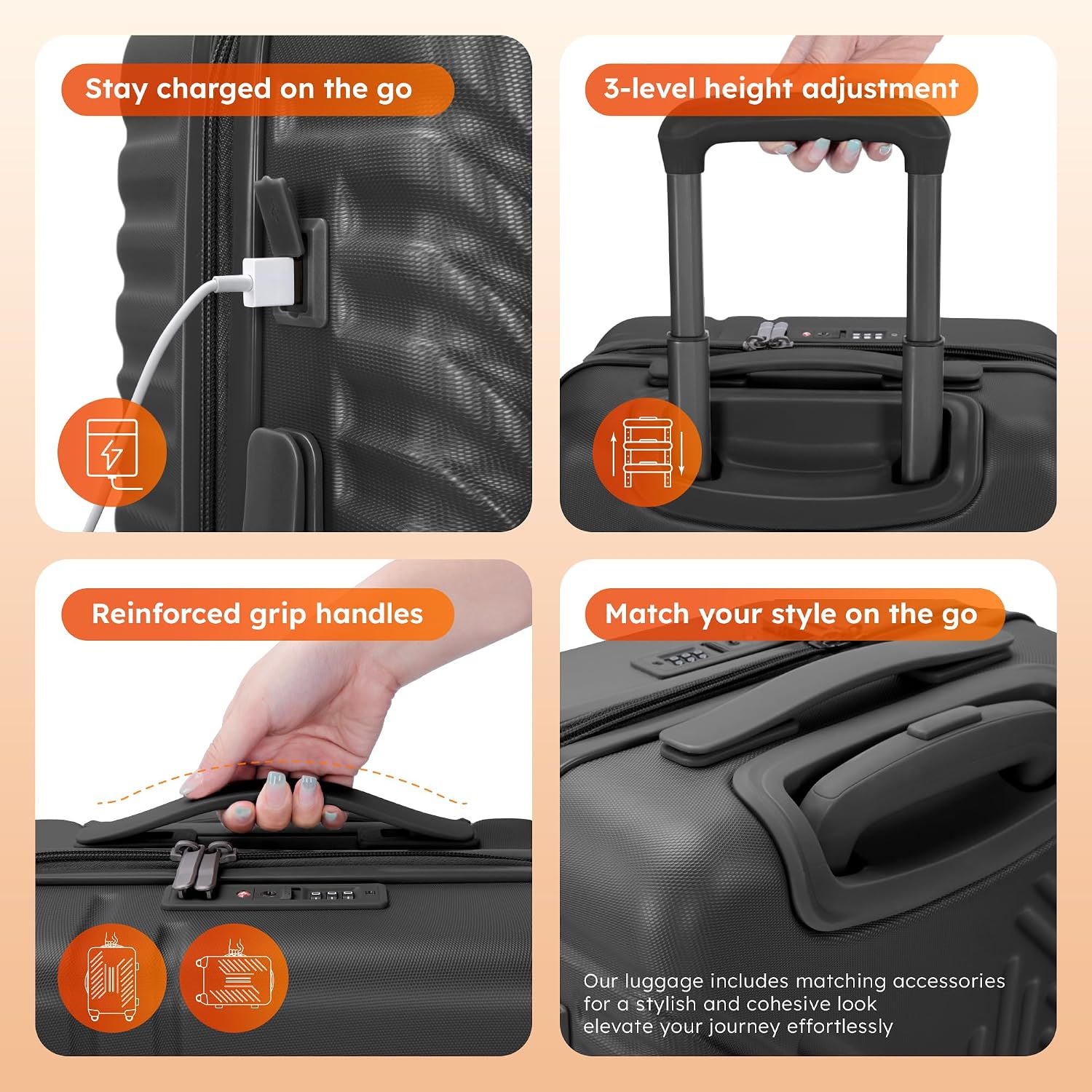 ALPHA CAMP Carry On Luggage 22x14x12 Airline Approved, Hardshell Durable PC+ABS Luggage with Spinner Wheels, Lightweight Travel Rolling Suitcase with Built-in TSA Lock,USB Port,Black thumbnail