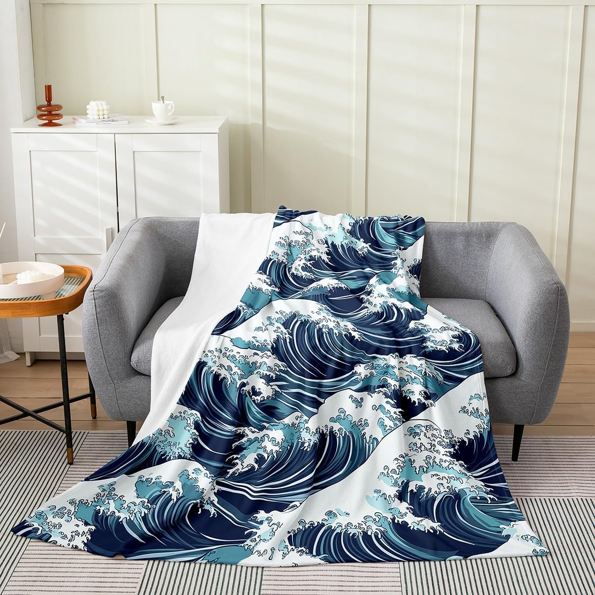 Erosebridal the Great Wave Fleece Blanket Queen All Season Soft Japanese Kanagawa Abstract Lines Art Flannel Blanket Sofa Bed Couch Decor Hand Painted Ocean Wave Throw Blanket Warm for Kids Boys Girls