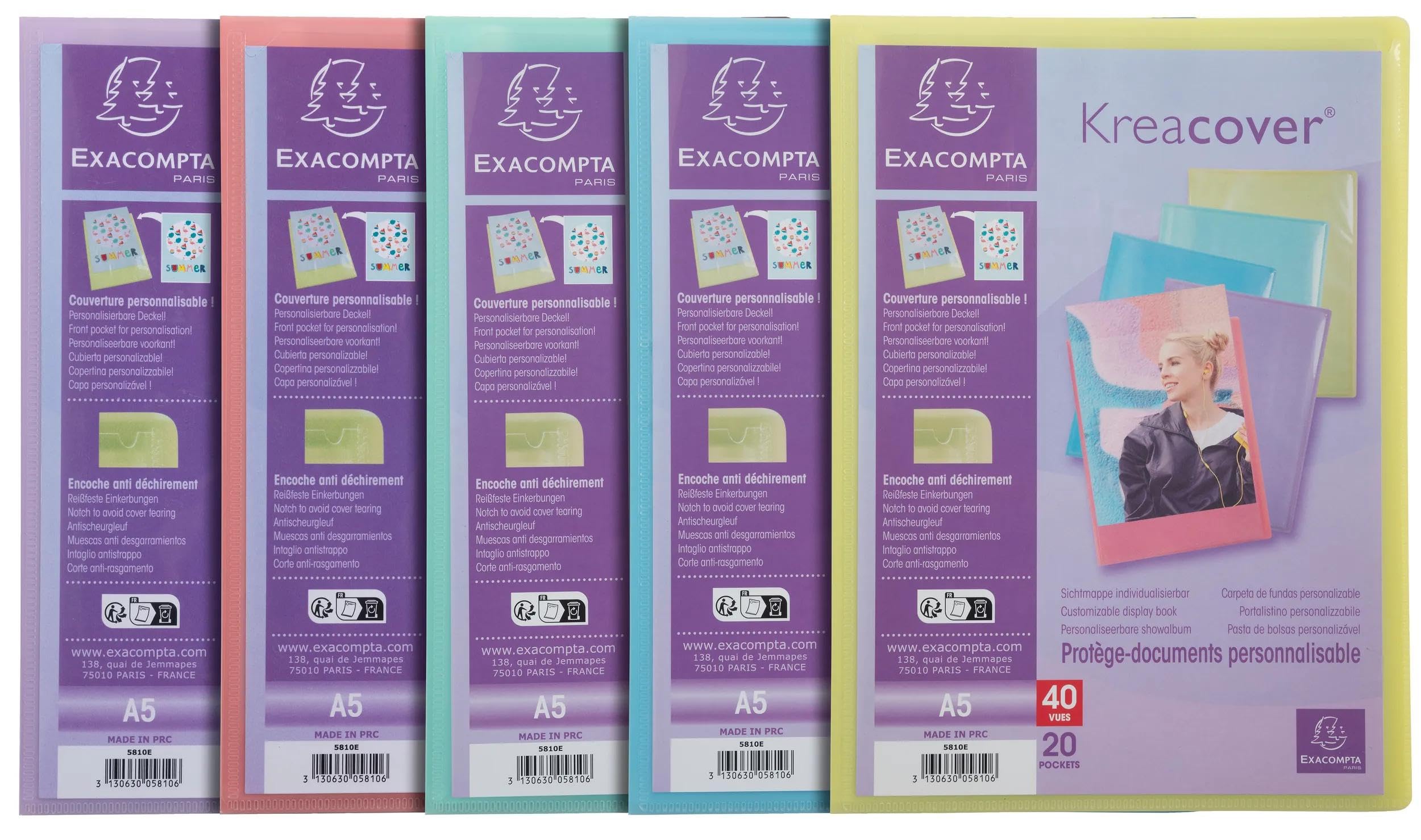 Exacompta 5810E 10er Pack Sichtmappe KreaCover Pastell aus Kunststoff DIN A4 mit 40 Klarsichthüllen, 80 Sichten, Tasche am Vorderdeckel zum selbstgestalten, Aktenhülle, Prospekthülle, farbig sortiert