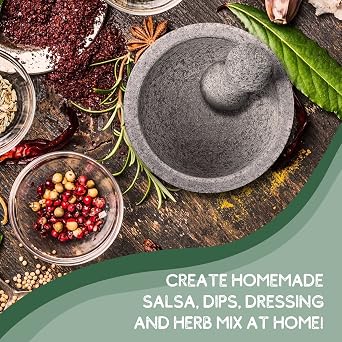Flexzion Granite Mortar and Pestle Set - Solid Granite Stone Grinder Bowl Holder 6 Inch Molcajete for Guacamole, Herbs, Spices, Garlic, Kitchen, Cooking, Medicine