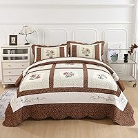 Vista 2 de vctops - Juego de edredón acolchado floral bordado de 2 piezas, 100% algodón, reversible, 1 edredón y 1 funda de almohada (café, individual)