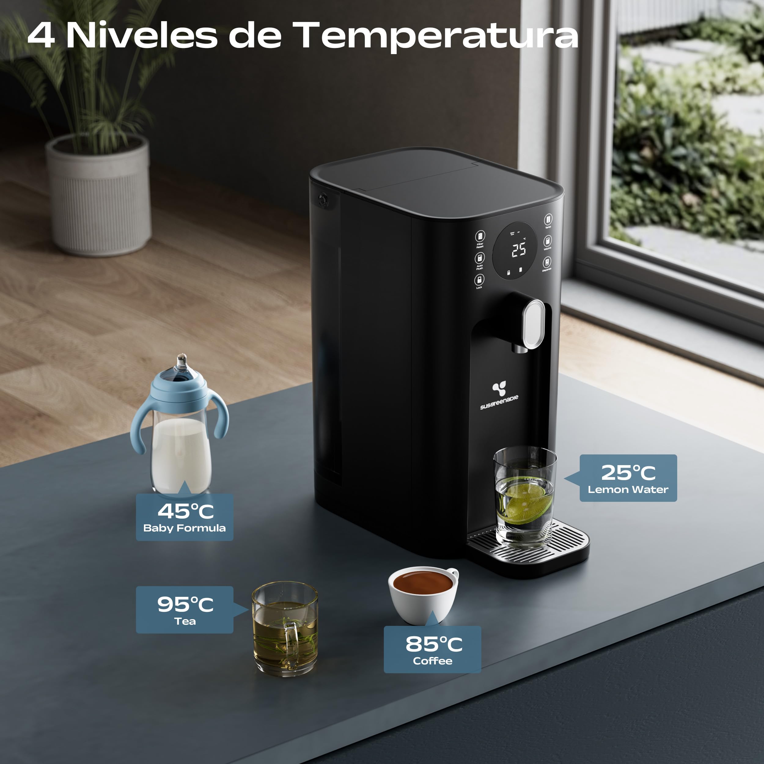 CIARRA X SusGreenable Purificador de Agua por Ósmosis Inversa de Sobremesa, Agua Caliente Instantánea 3s, 4 Temperaturas, Filtro RO 5 Etapas, Depósito 4.3L, Pantalla TDS, Sin Instalación