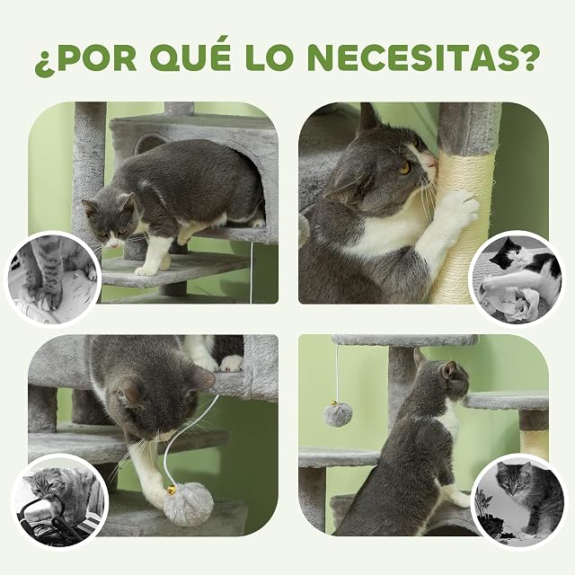 Foto 5 de 8 de PawHut Rascador para Gatos Altura 138 cm con Postes de Sisal Gris Claro