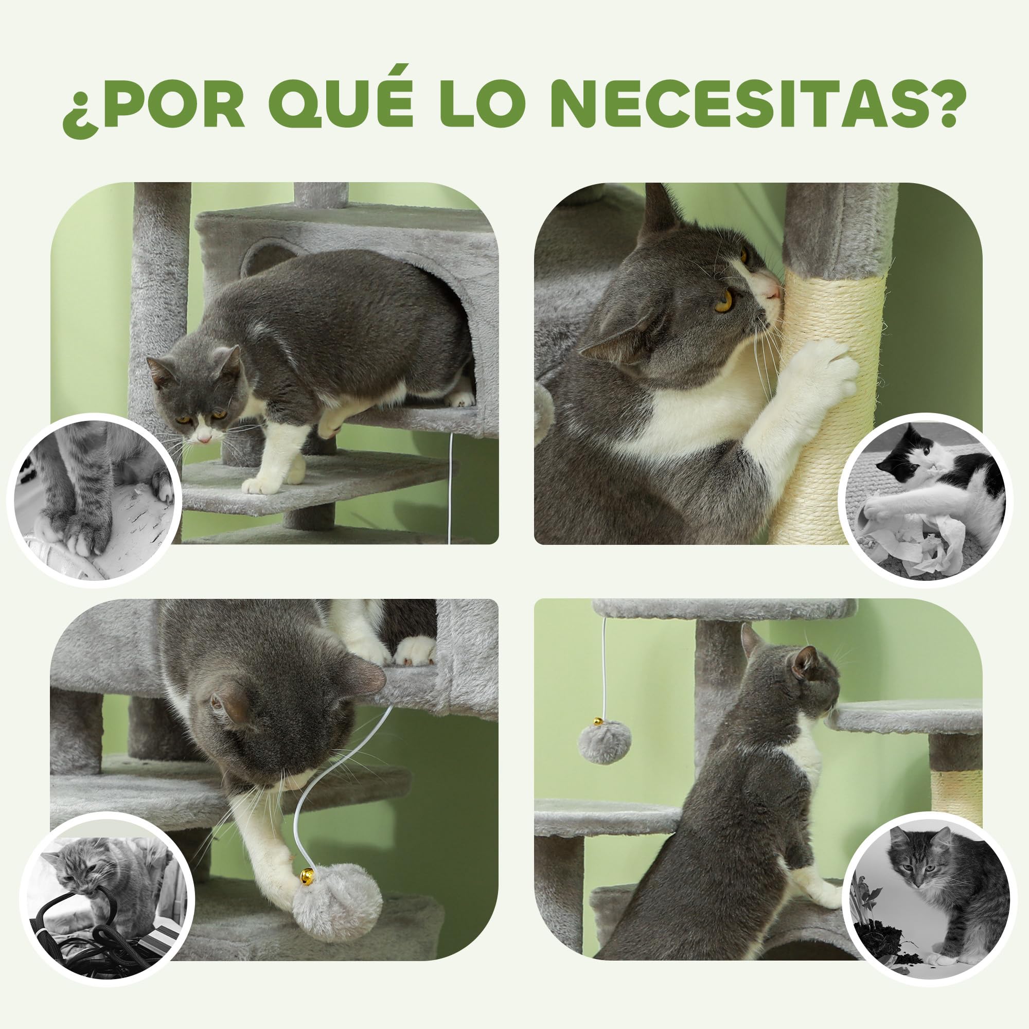 PawHut Rascador para Gatos Altura 138 cm con Postes de Sisal Gris Claro | Árbol para Gatos, Torre de Escalada, Plataformas, Cuevas, Bolas Colgantes, Hamacas