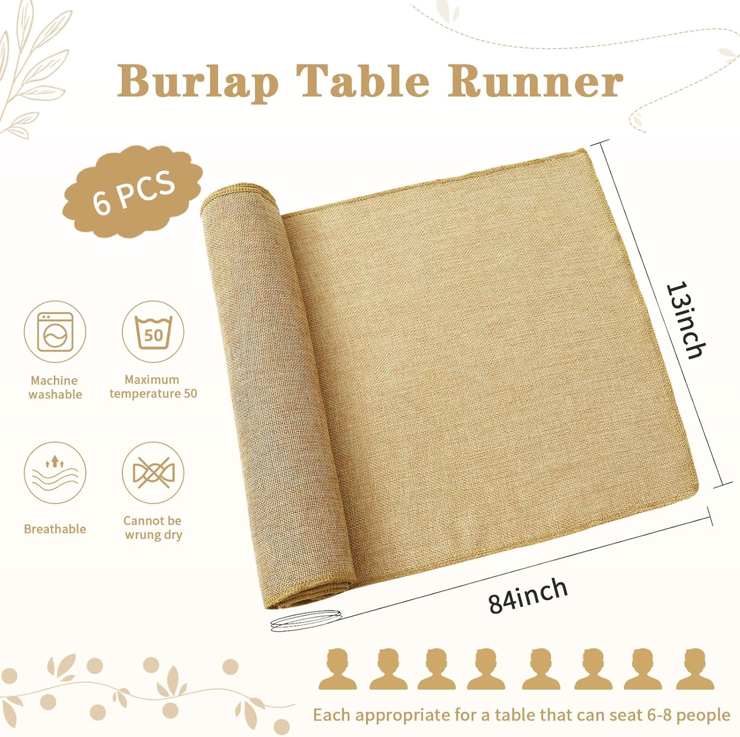 LuoluoHouse Khaki Burlap Table Runners Rustic Jute Table Linens for Rustic Wedding Gothic Party Birthday Decoration(6 Packs 13x84 inch)