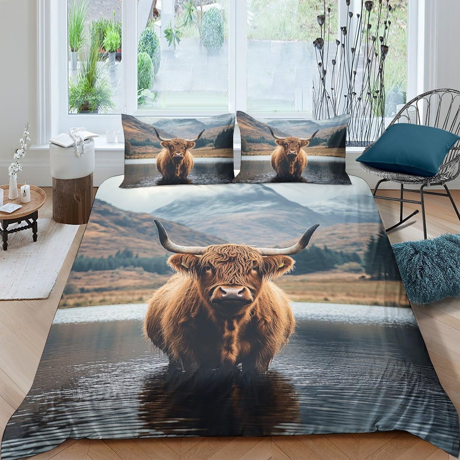 GPLZQXKJNH 3D Printed Highland Cow Duvet Cover Set Microfiber Breathable Nature Landscape Bedding Set with 2 Pillowcases for Bedroom Decor Single（135x200cm）