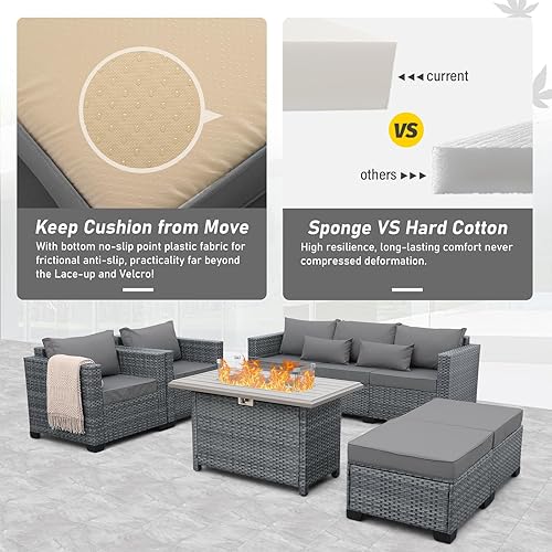 Miniatura 4 de Juego de 6 muebles de mimbre para patio, juego de conversación al aire libre, sofá seccional de ratán de polietileno con mesa para fogatas de 45