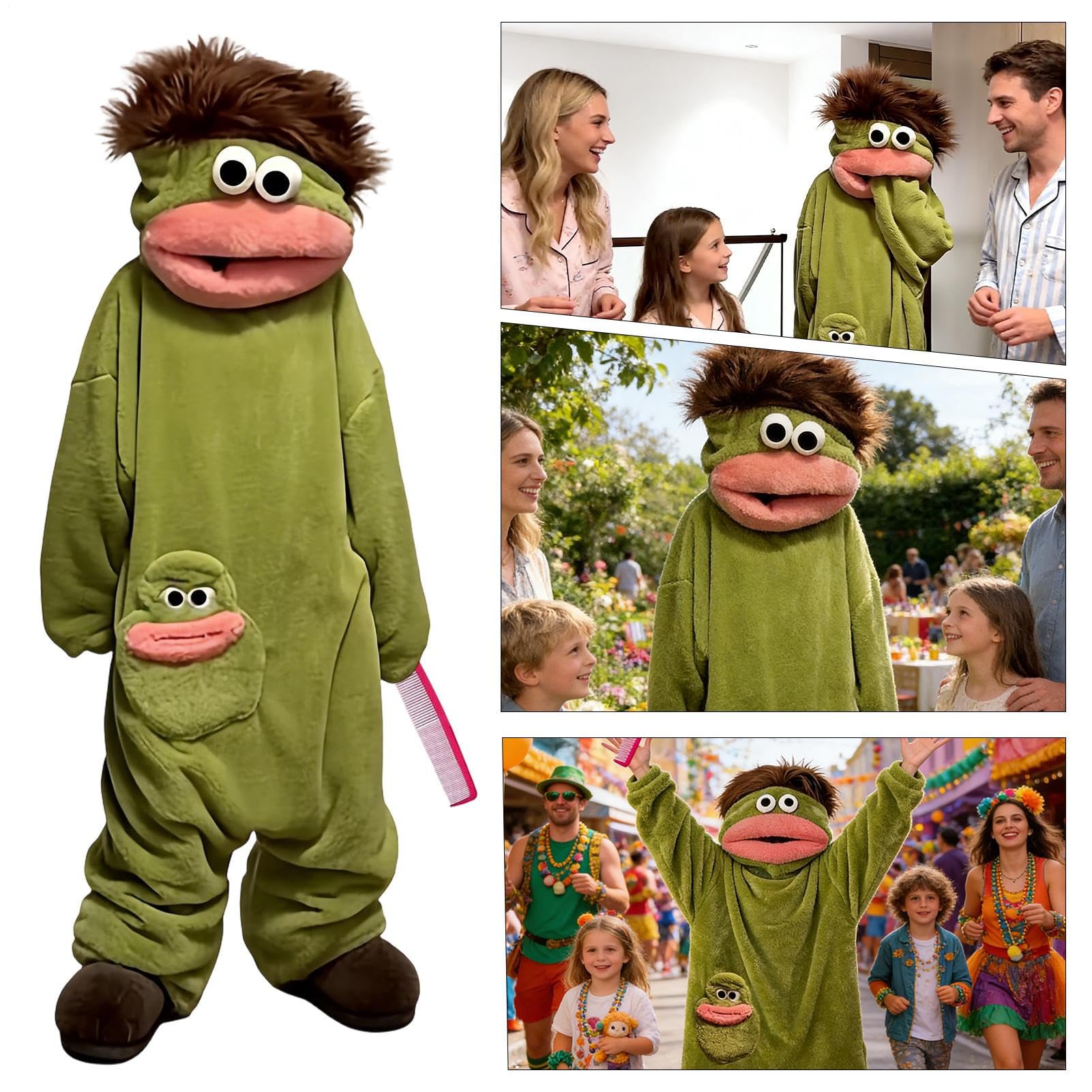 Tuta divertente per adulti – Costume di peluche verde Onesie – Costume di Halloween Cosplay – per donne, uomini, bambini, soggiorno, bagno