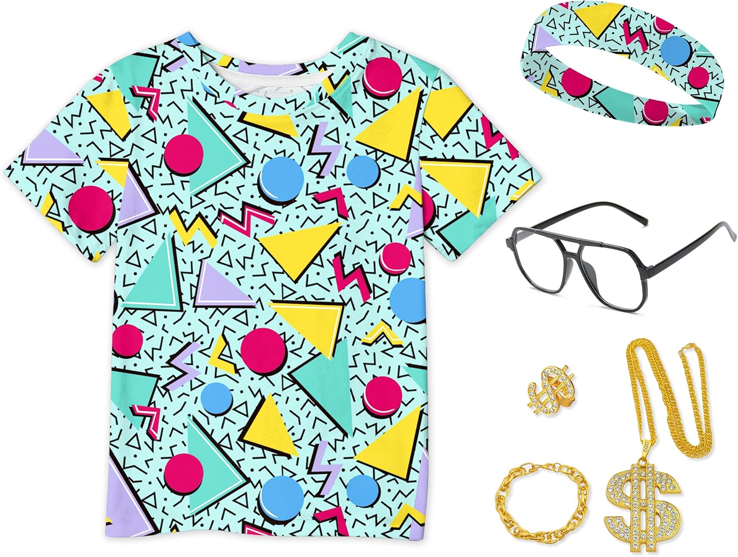 BesserBay Boys 80s 90s Outfits for Kids Hip Hop Rapper Colorful T-Shirt 6 Pcs Set for Theme Party 6-14 Year