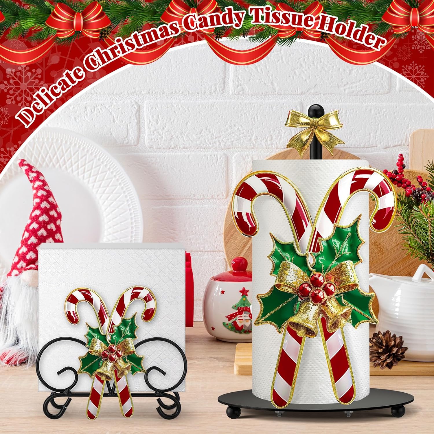 Shellwei 2 Pcs Christmas Candy Cane Paper Towel Holder Christmas Bathroom Kitchen Decor Xmas Candy Cane Napkin Holder for Tables Winter Home Bathroom Kitchen Countertop Accessories Party Favor Gifts