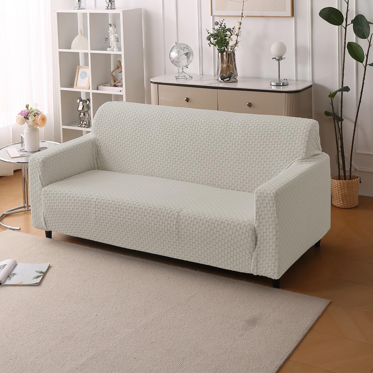House of Quirk Elegant Jacquard Fabric 220 GSM Sofa Cover – Ultra Soft Stretchable Couch Slipcover, Flexible Fit, Durable, Wrinkle-Resistant & Machine Washable (Grey, Three Seater)-picture-18