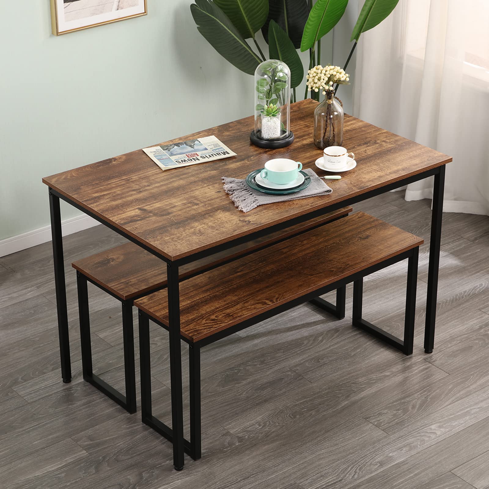 soges 3 PCS Dining Table Set for 4 with 2 Benches, Soho Dining Table and Chairs Set, Industrial Kitchen Table and Chairs Kitchen Breakfast Table Set, Dining Set with Metal Frame,CZJYB-yzld01-CA — view 4