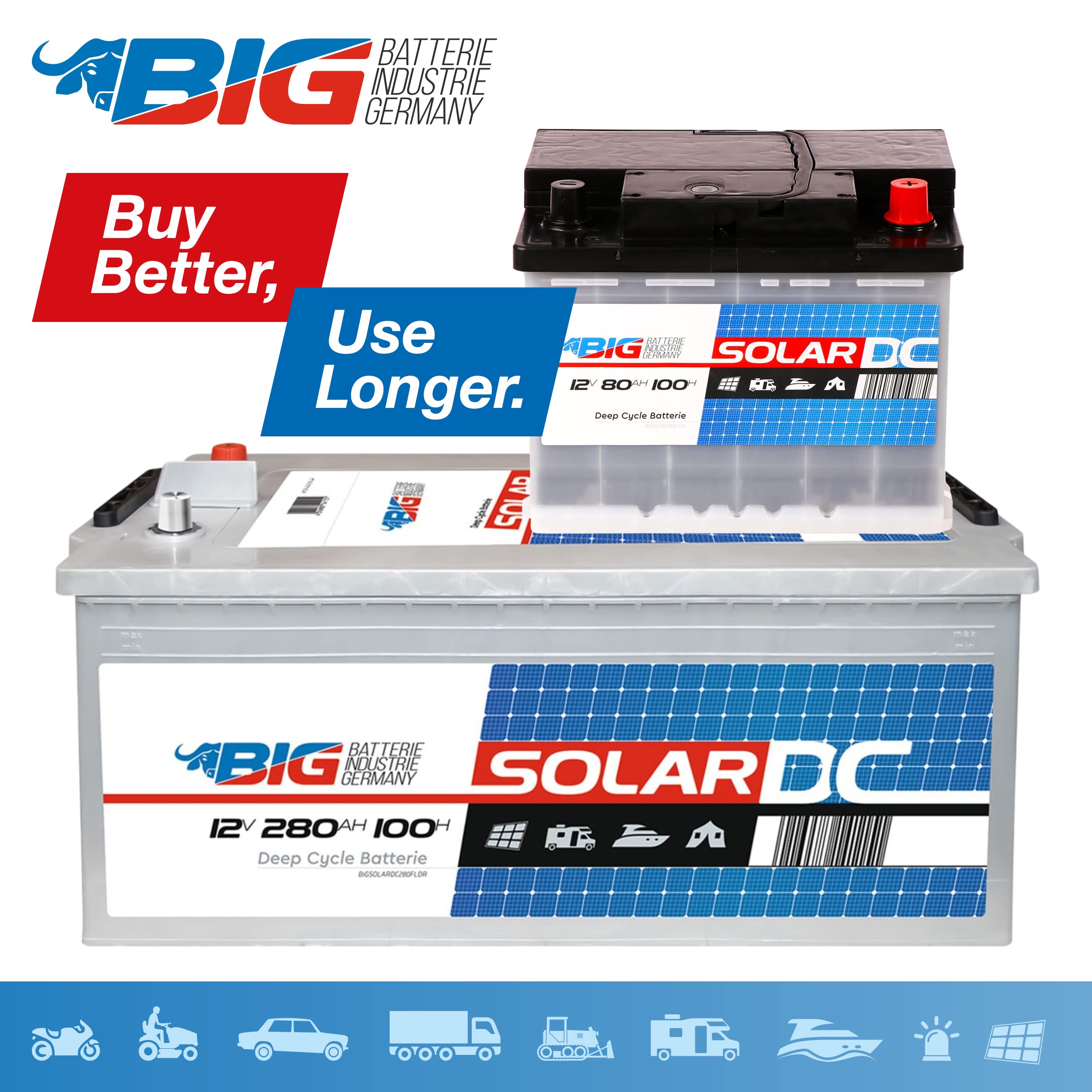 BIG Solarbatterie 12V 280Ah C100 (Versorgungsbatterie) - Professional Solar DC Batterie (12 Volt) für Photovoltaik-Inselanlage & Solaranlage für Wohnmobil, Gartenhaus, Camping & Co.