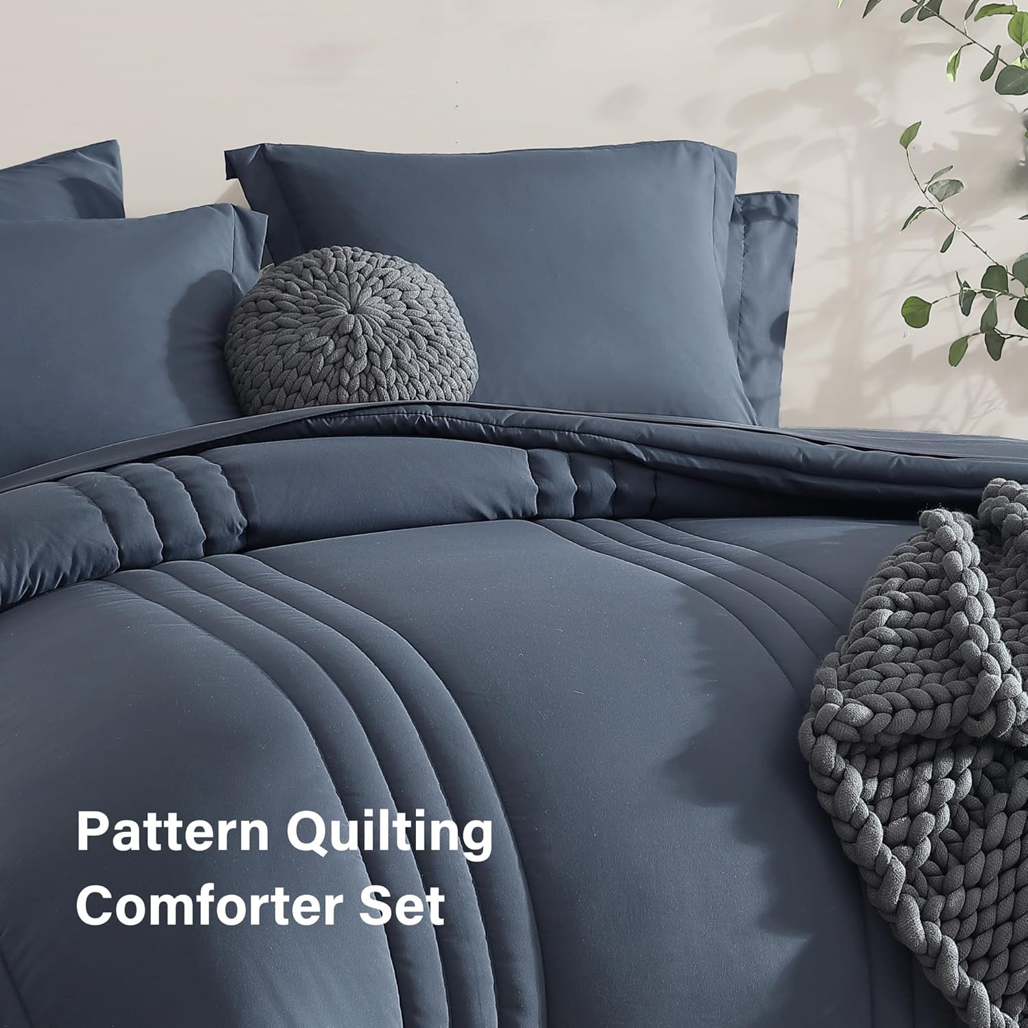 Monbix Oversized Queen Comforter Set - 7 Pieces Blue Grey Bed in a Bag Oversized Queen Bedding Sets with Comforters, All Seasons Comforter Bed Set with Sheets, Pillowcases & Shams - Image 3