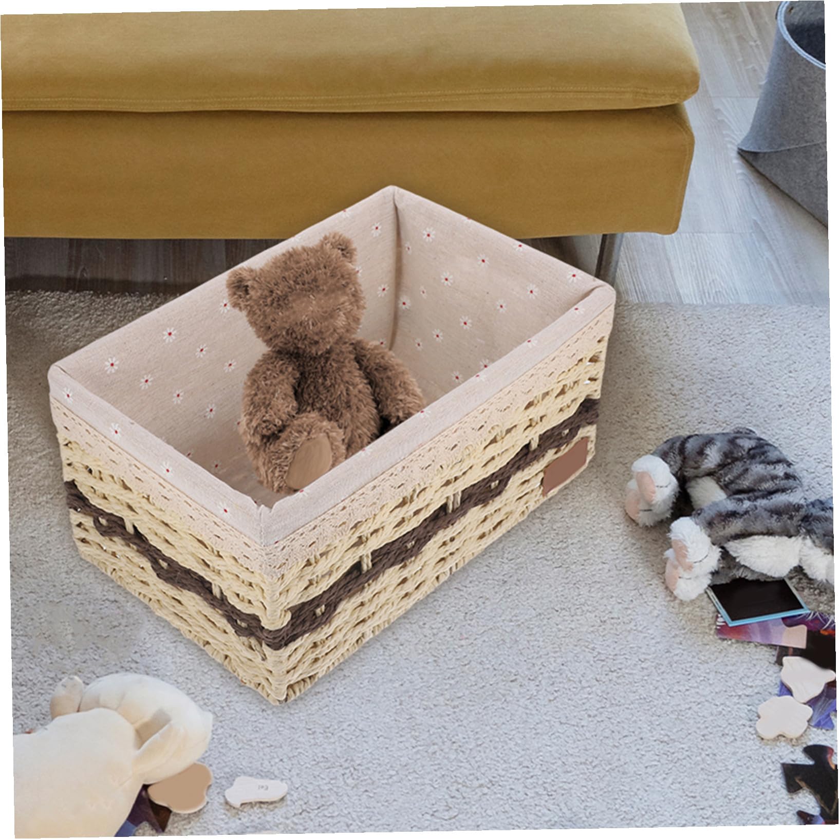 Happyyami Geflochtener Aufbewahrungskorb mit Einlage in Beige | Papier, Eisen und Gewebe, für Kosmetik und Lebensmittel, Dekorativ für Tisch, Feste