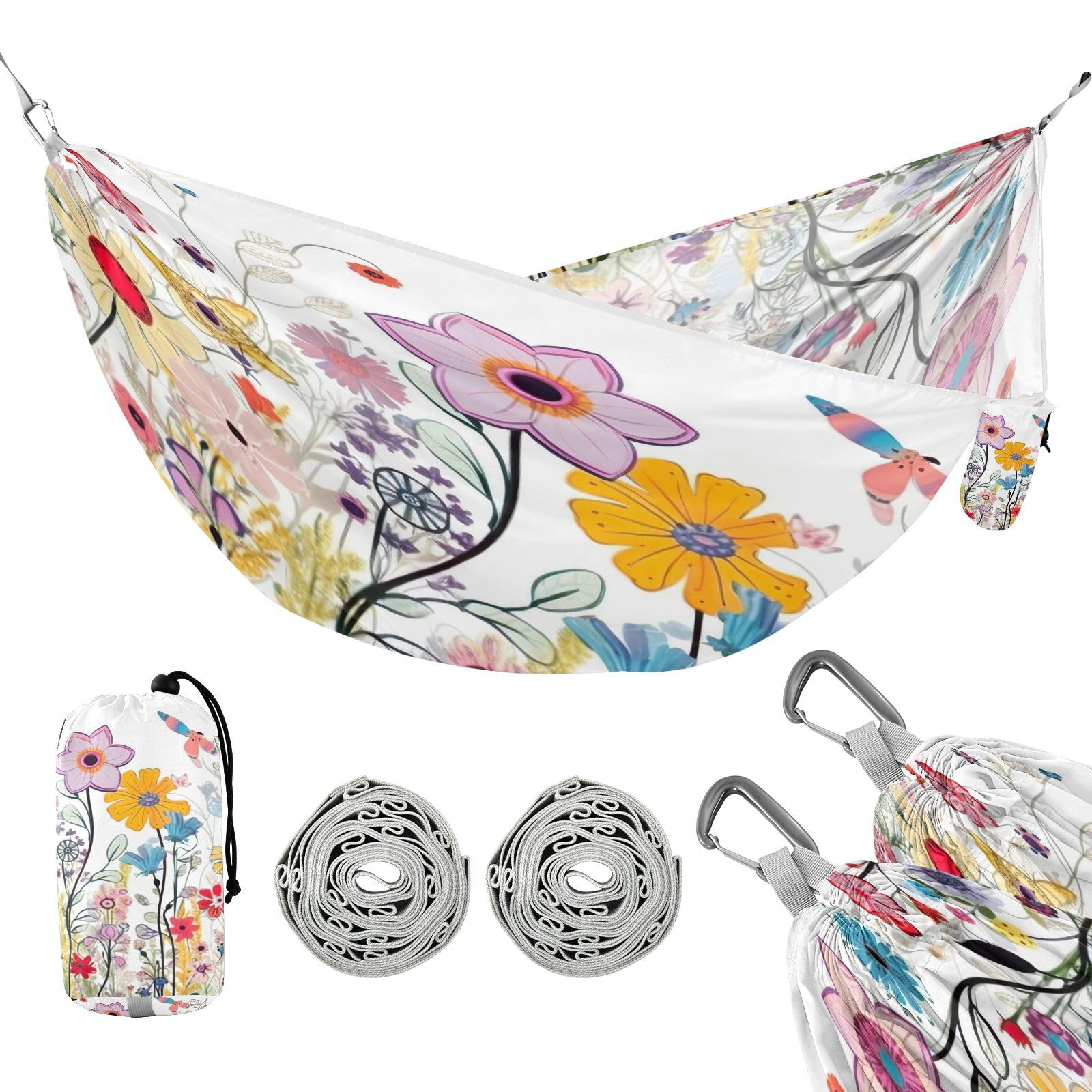 Haskirky Cotton Fowers Camping Hammock, Single Portable Hammocks with Tree Straps & Attached Carry Bag, 330Lbs Capacity Perfect for Outside Indoor Hiking Beach Backpack Travel