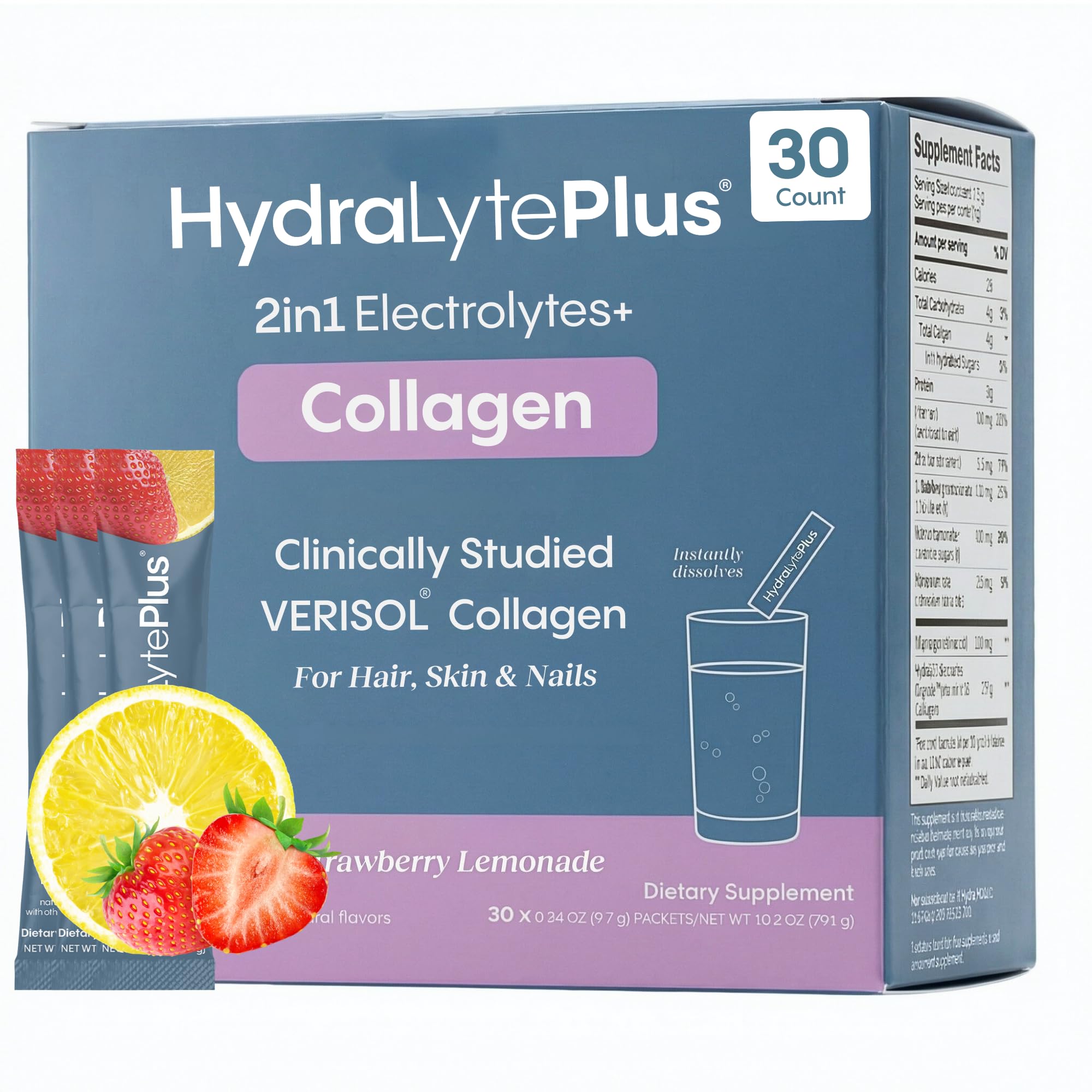 Hydralyte Verisol Collagen Packets with Electrolytes, Hydration Packets with Collagen for Women and Men, Electrolytes Powder with Collagen for Travel and Daily Hydration with Vitamin C (30 Count)