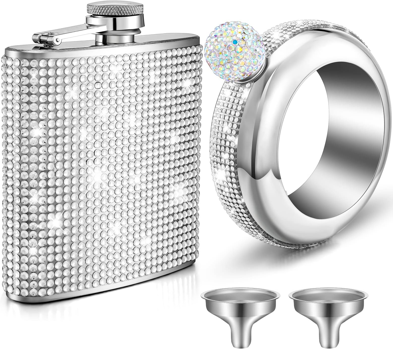 Yaomiao 2 Pcs Glitter Liquor Flask for Women Bling Bangle Bracelet Flask 3.5 oz 6 oz Rhinestone Hip Water Bottle Diamond Bottle Stainless Steel Whiskey Container with Funnel for Party(Silver)