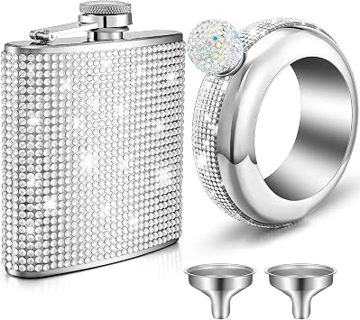 Yaomiao 2 Pcs Glitter Flask for Women Creative Bracelet Flask 3.5 oz 6 oz Rhinestone Stainless Steel Bottle with Funnel for Wedding Party Favors Bridesmaid GiftsSilver