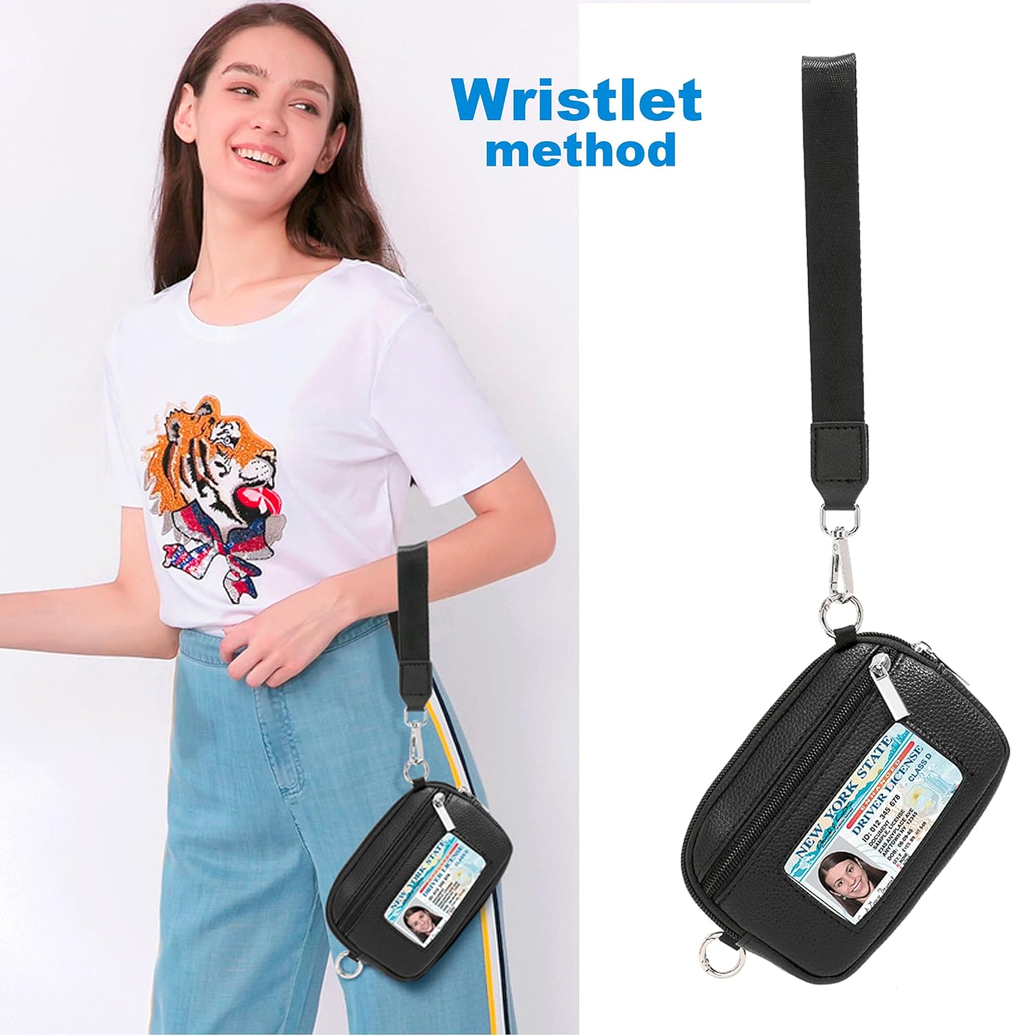 Clip and Go Phone Strap with Wallet Crossbody, Adjustable Phone Lanyard with RFID Wristlet Wallet Detachable, Anti-Theft Leather Purse with ID Window for Travel Essentials, Hands-Free (Black)