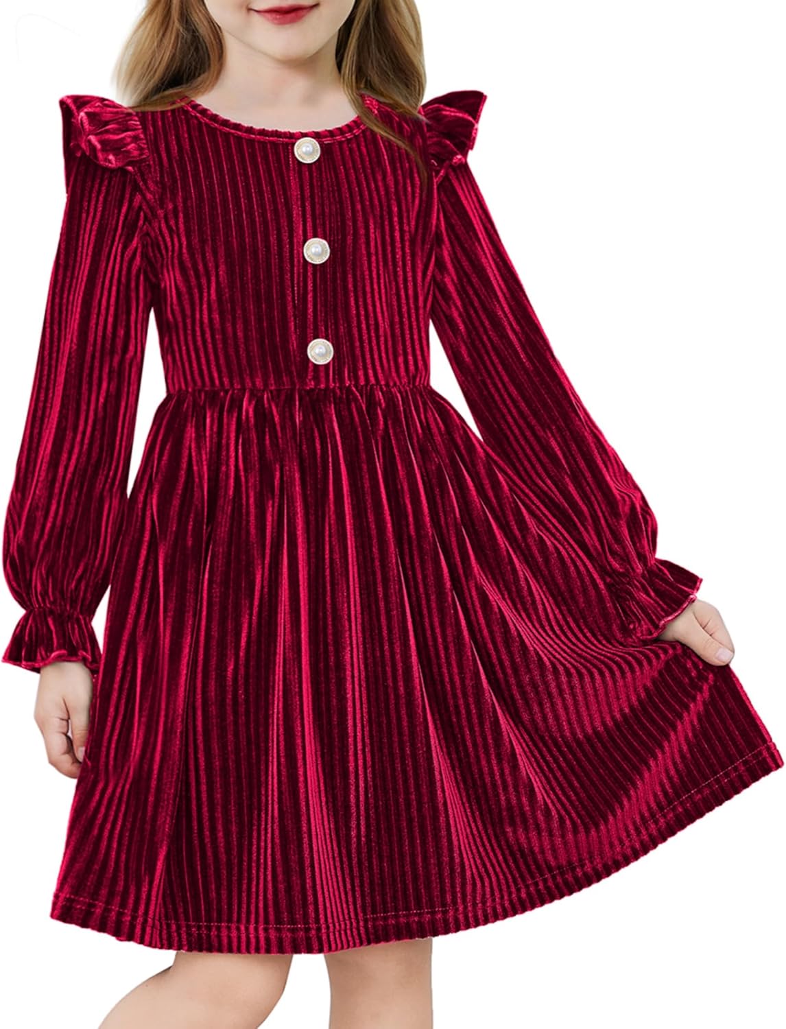 Arshiner Toddler Girls Long Sleeve Velvet Dress Ruffled Crew Neck Midi A-Line Fall Vintage Dress with Pockets for Kids 2-8Y