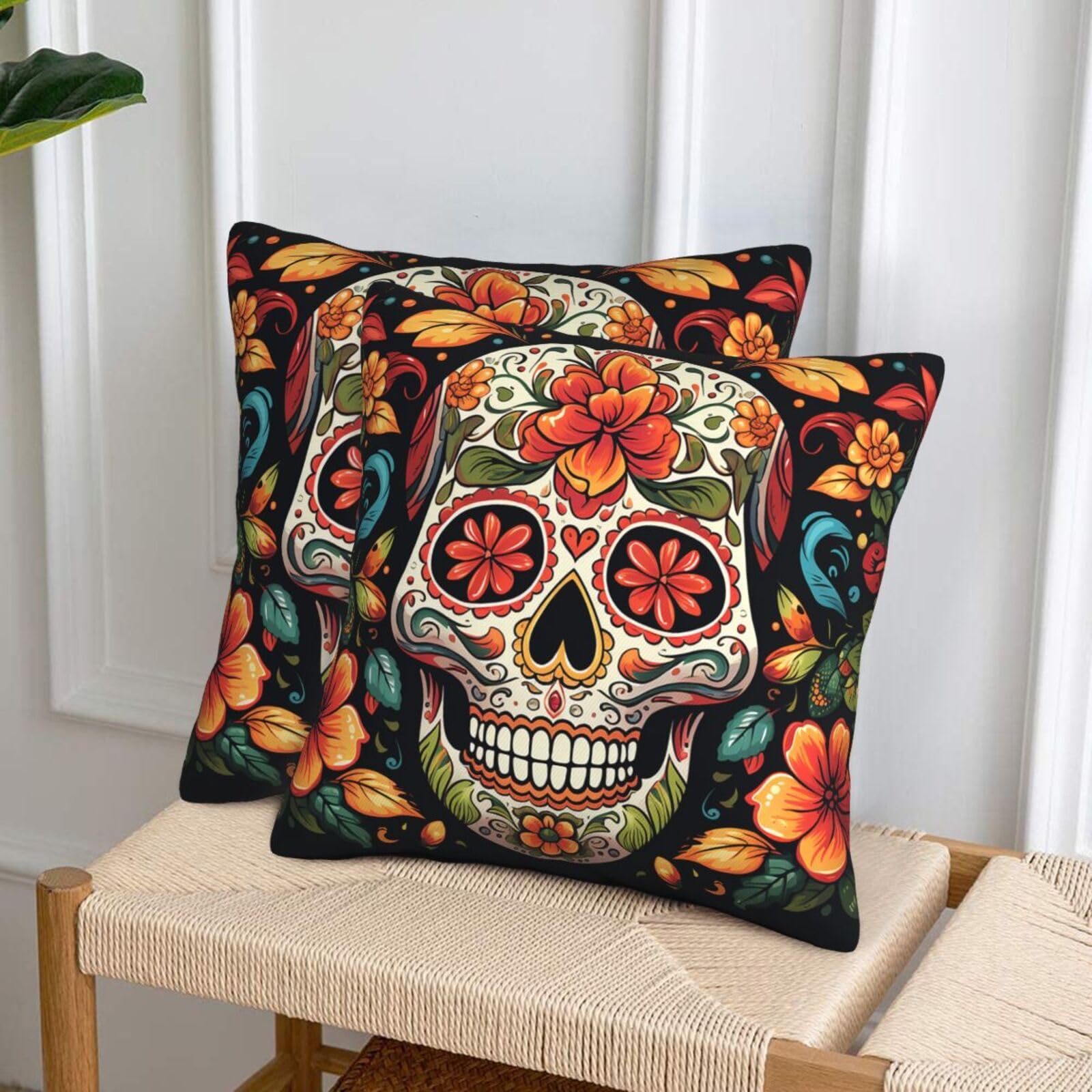 NONHAI Decorative Throw Pillow Covers Set of 2, 20"x20" Square Cushion Case Soft Comfy Colorful Sugar Skull Throw Pillows for Couch Cushion Livingroom Farmhouse Home Decor Pillowcases
