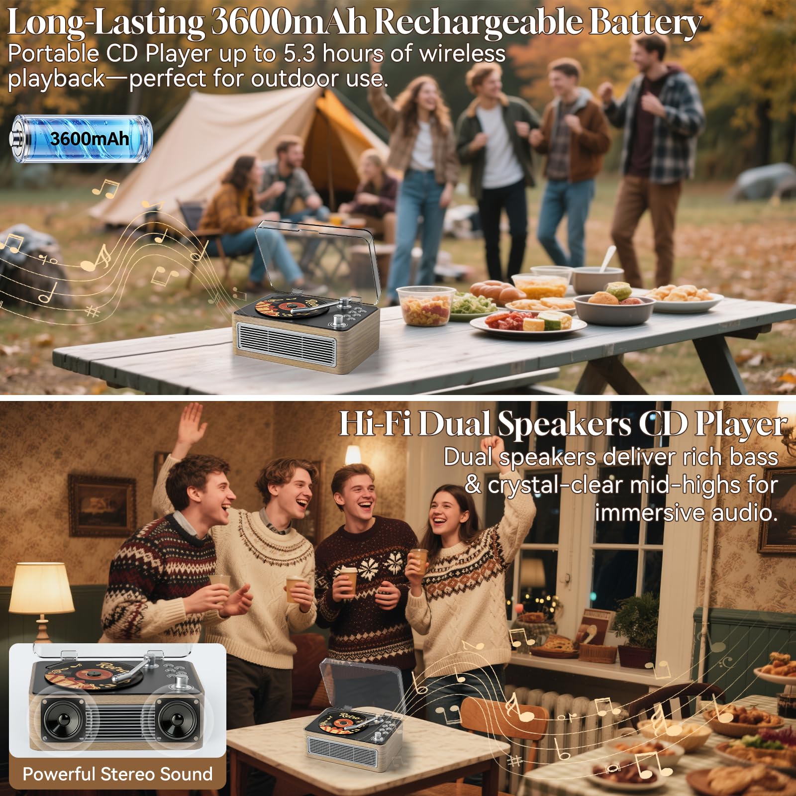 Gueray Lecteur CD Portable Bluetooth, Lecteur CD Rétro avec Haut-parleurs Batterie 3600 mAh Radio Télécommande, supporte la Lecture USB/AUX, Prise Casque, Chêne