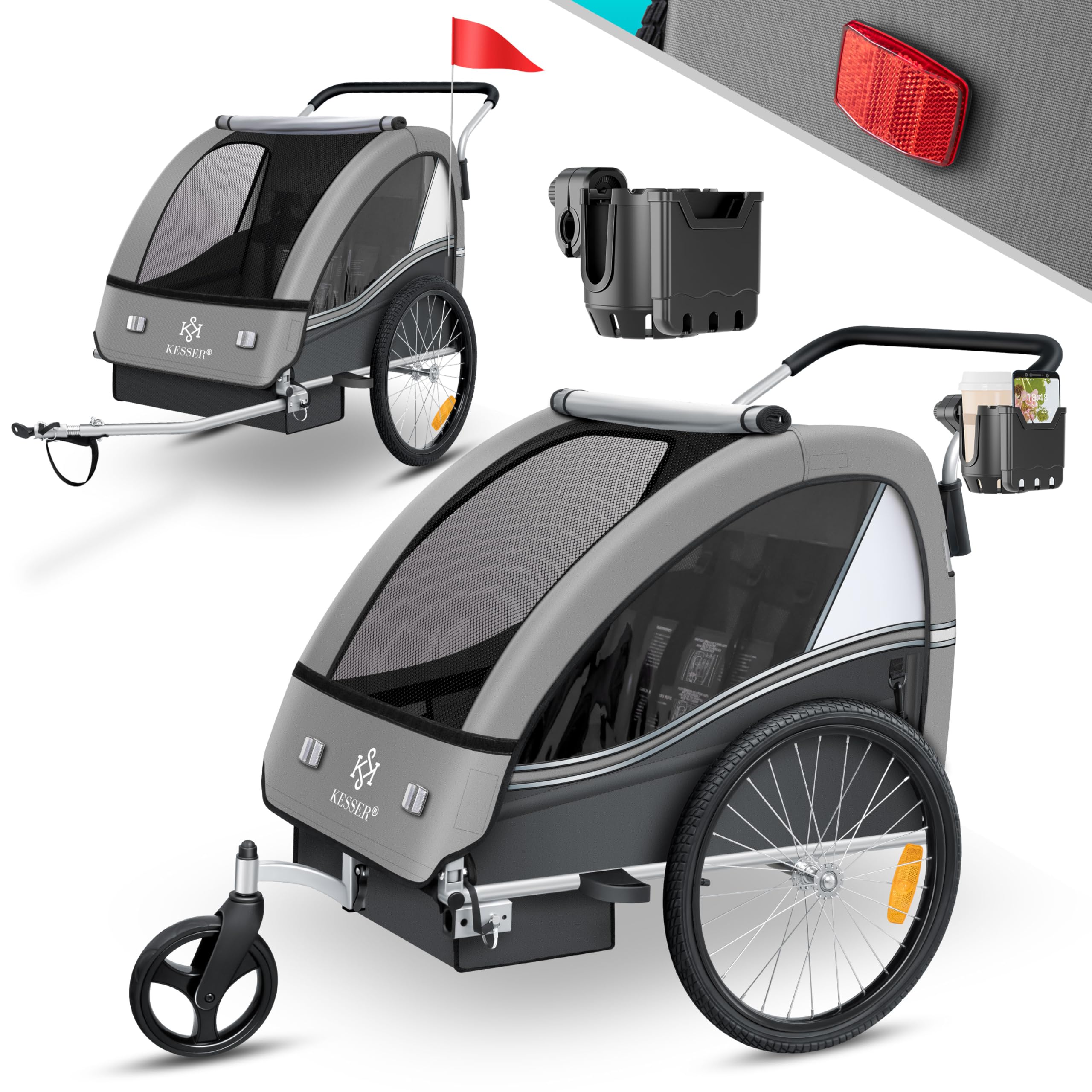 KESSER® Kinderfahrradanhänger Sport-RX 2in1 Jogger & Buggy 5-Punkt-Gurt Sicherheitsgurt 360° Vorderrad Kinderfahrradanhänger Reflektoren für 1-2 Kinder (max. 40 kg) Getränkehalter & Smartphonefach