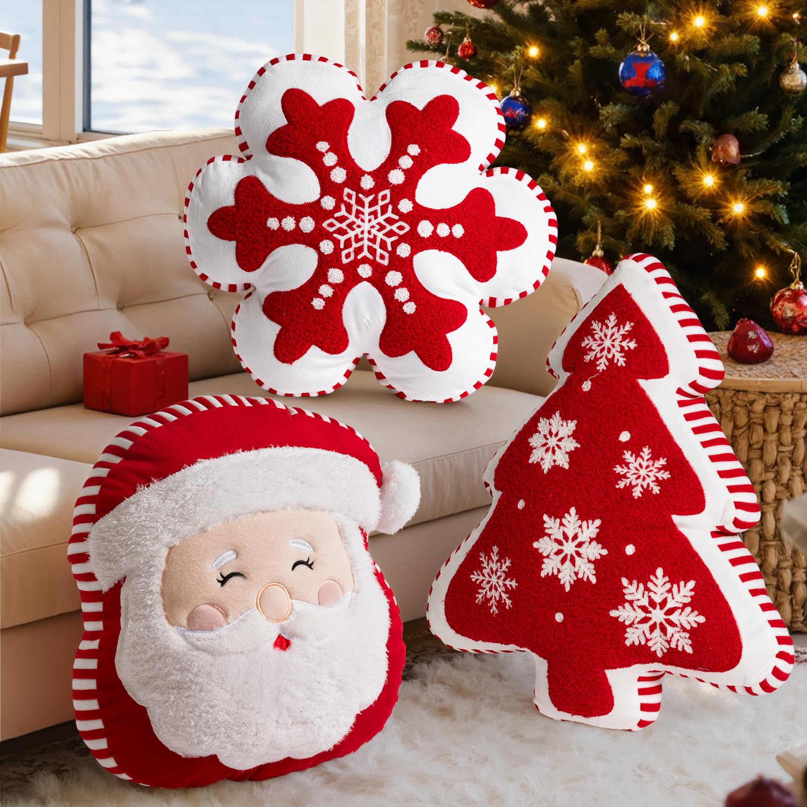 Lanpn Set di 3 Pezzi Cuscino Natalizio, Cuscini Decorativo Natalizio Cuscinis decorativo invernale - Albero di Natale, Fiocchi di neve, Babbo Natale per Divano Decorazioni natalizia (Rosso)