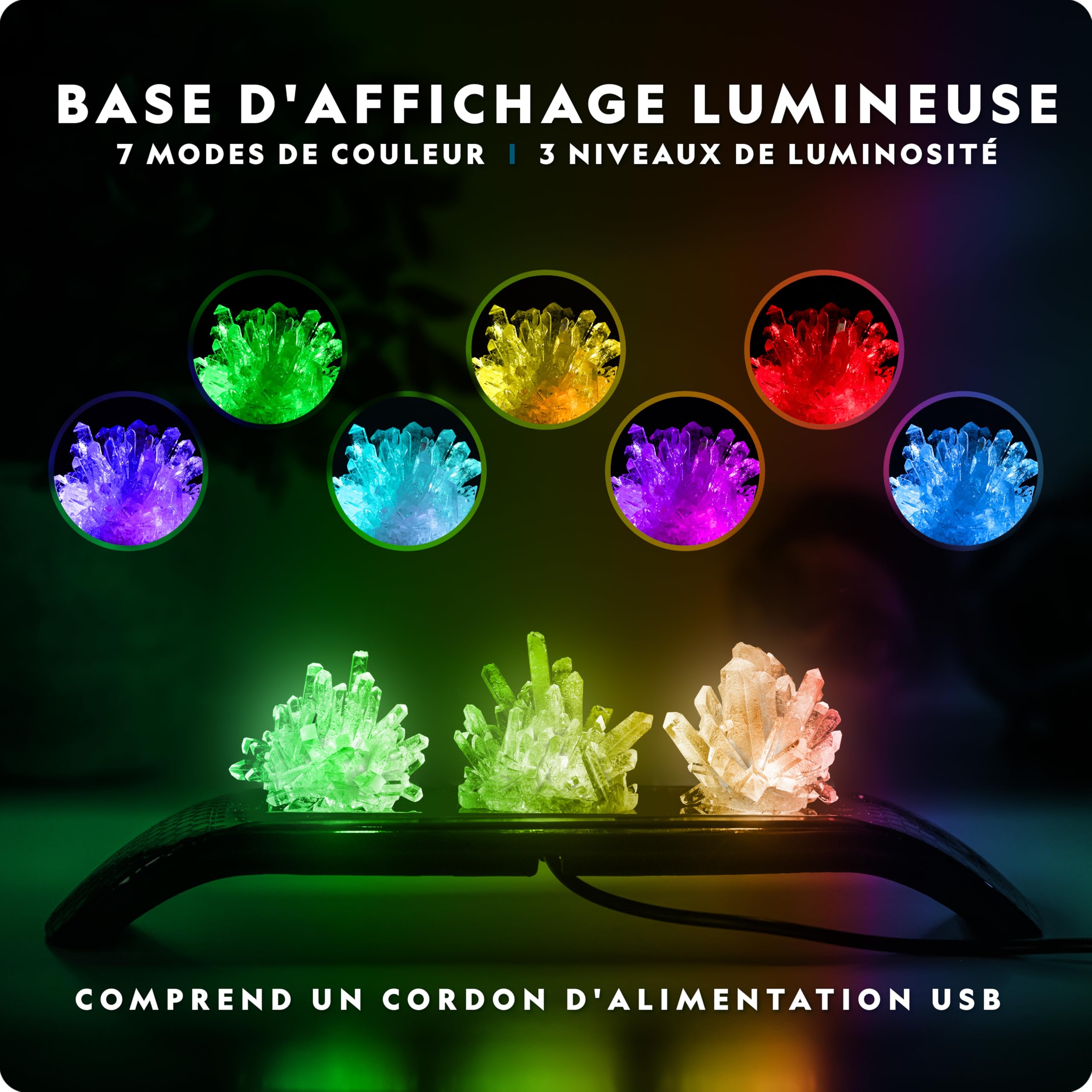 Kit de Cristaux National Geographic – Faites Pousser 3 Cristaux Colorés avec Socle Lumineux et Guide, Inclut Une Géode, de la Fluorite Verte et d’Autres Gemmes Réelles