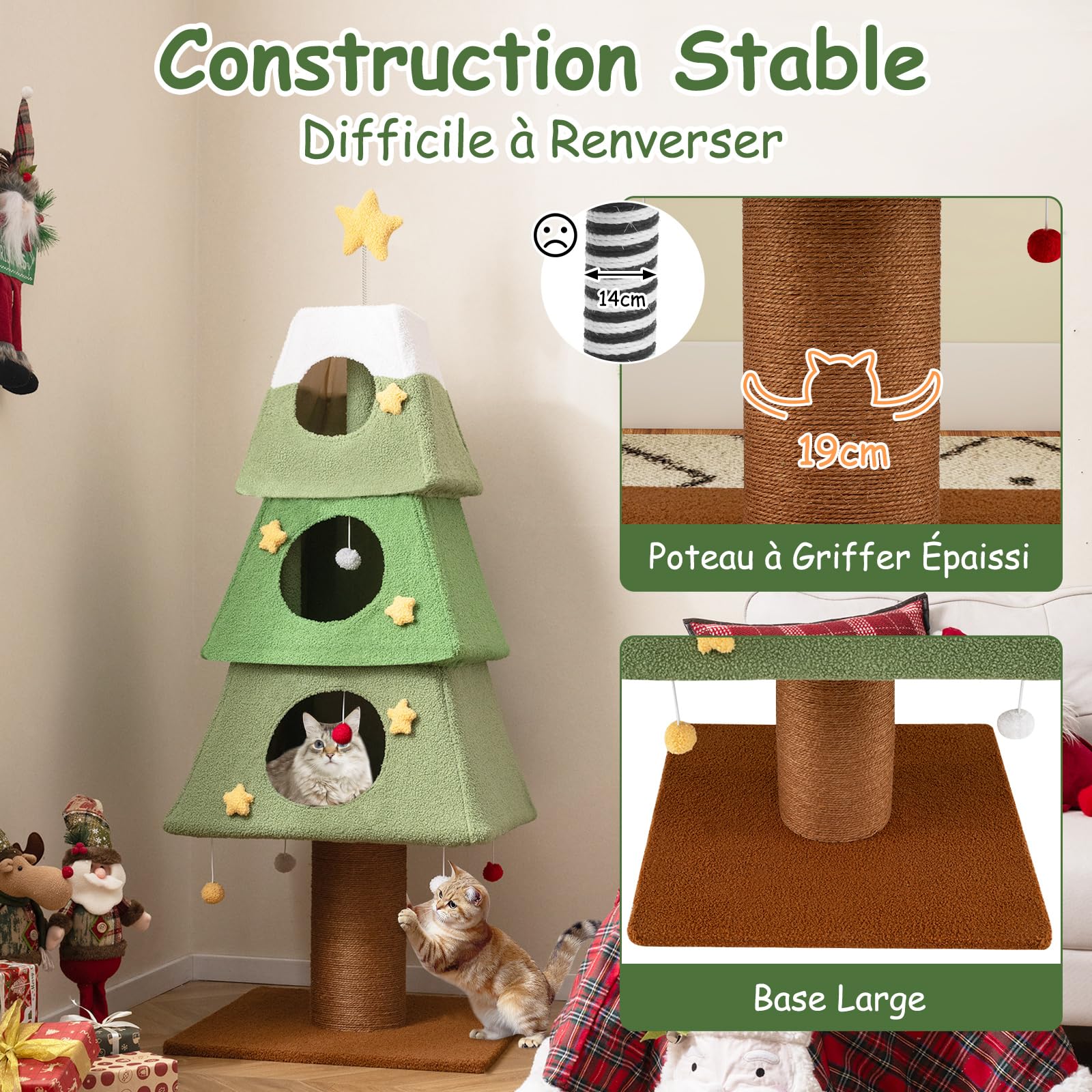 GOPLUS Arbre a Chat Sapin de Noel, Hauteur 162CM, Arbre à Chat XXL avec Poteau à Griffer Grand, Condo à 3 Niveaux, Décoration Forme Étoile Noel, Base Large, Housse Détachable Lavable, pour Intérieur