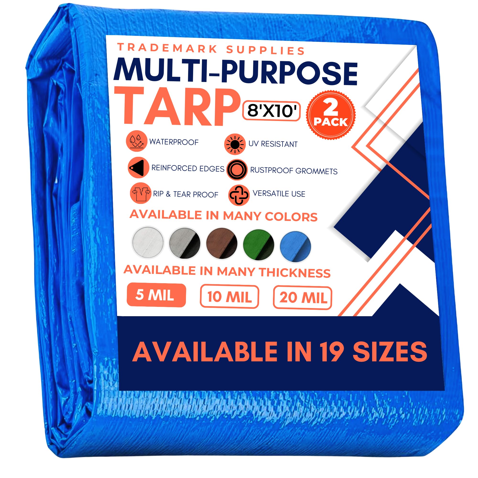 Large Waterproof Tarp- Heavy Duty 11 Mil Thick Poly Tarpaulin Ideal for Canopy Tents, Boats, RV or Pool Covers- Multipurpose Protective Tarps with Grommets for Indoor and Outdoor Use | 8' x 10' 2 Pack