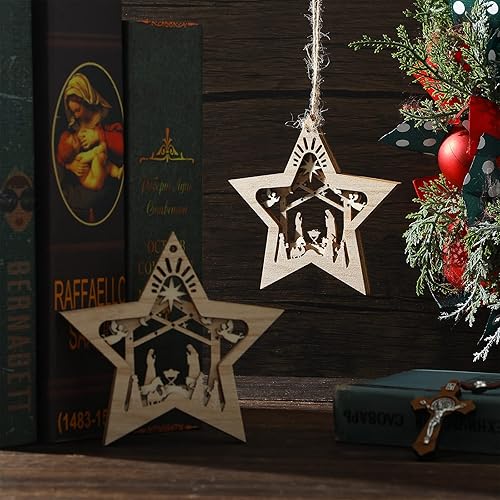 Miniatura 4 de Blulu Juego de 8 adornos navideños para decoración de belén en 3D, adorno colgante de madera cristiana para árbol de Navidad, adorno religioso de la