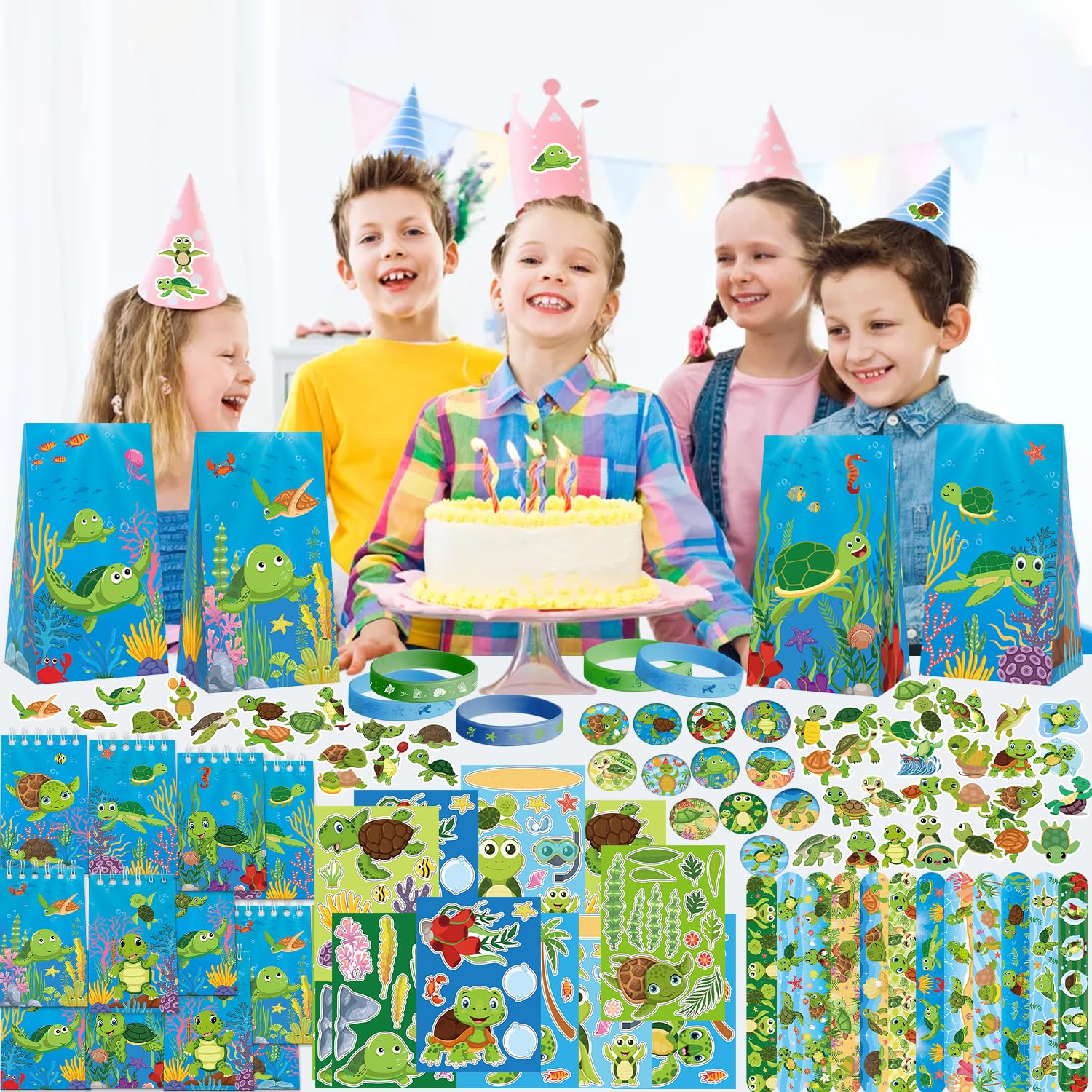 Turtle Party Favour Supplies include sacchetti regalo tartaruga, adesivi, badge, braccialetti per feste di compleanno