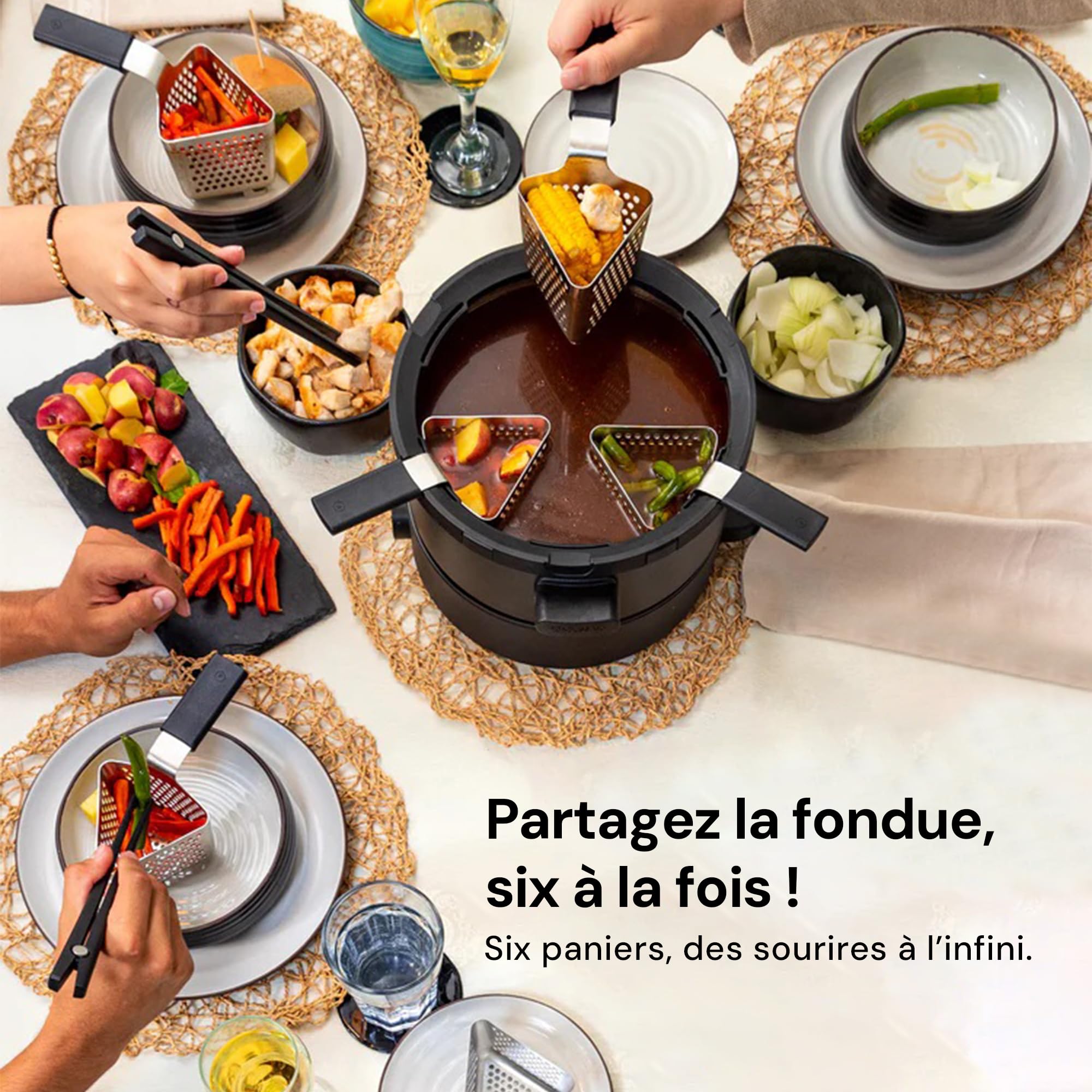 Fondussimo Appareil à Fondue Électrique Evolution 3-en-1 – Service à Fondue avec Caquelon INOX 3 L + Bol Céramique Bain-Marie – 6 Paniers & 6 Pinces – Température Réglable – 4 à 6 Personnes