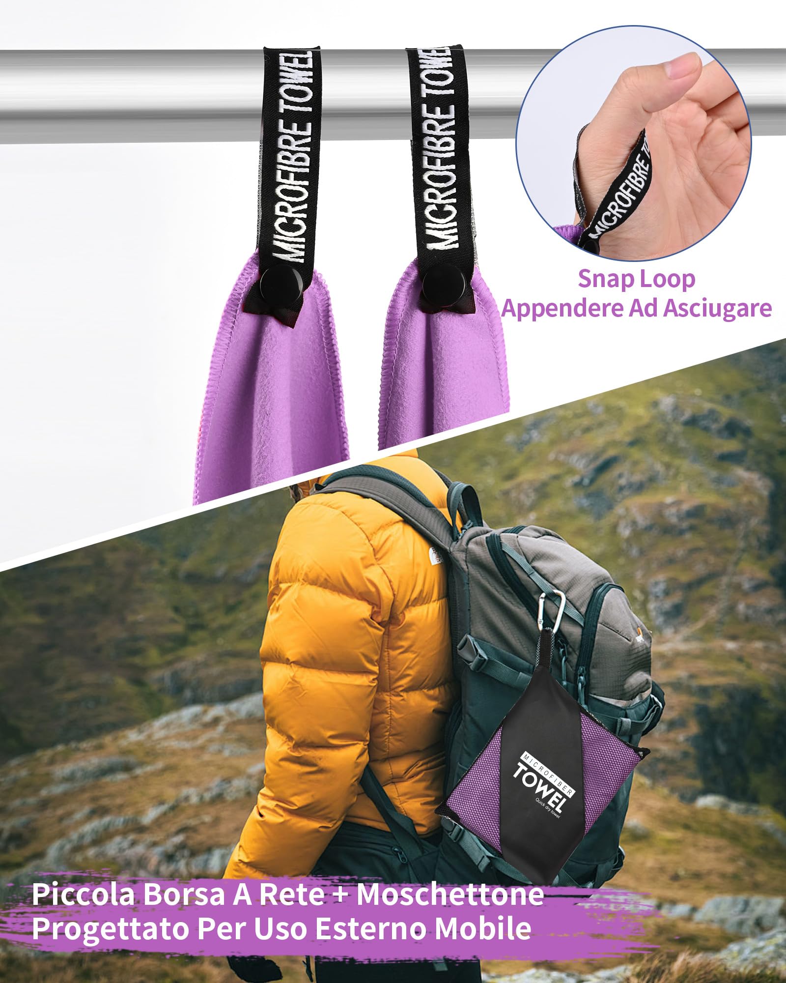 Pfloge® Asciugamano Microfibra Set di 3, 180x80cm Asciugamano Palestra Grande & 2 Pezzi 80x40cm Telo Mare Microfibra, Compatto & Ultraleggero, per Fitness, Sauna, Spiaggia, Viaggi(Viola)