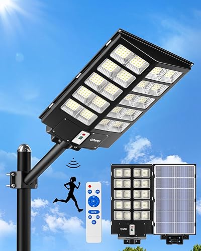 Ofuray Luces solares de calle de 3200 W para exteriores, 320800 lúmenes, luces solares de estacionamiento para exteriores comerciales del atardecer