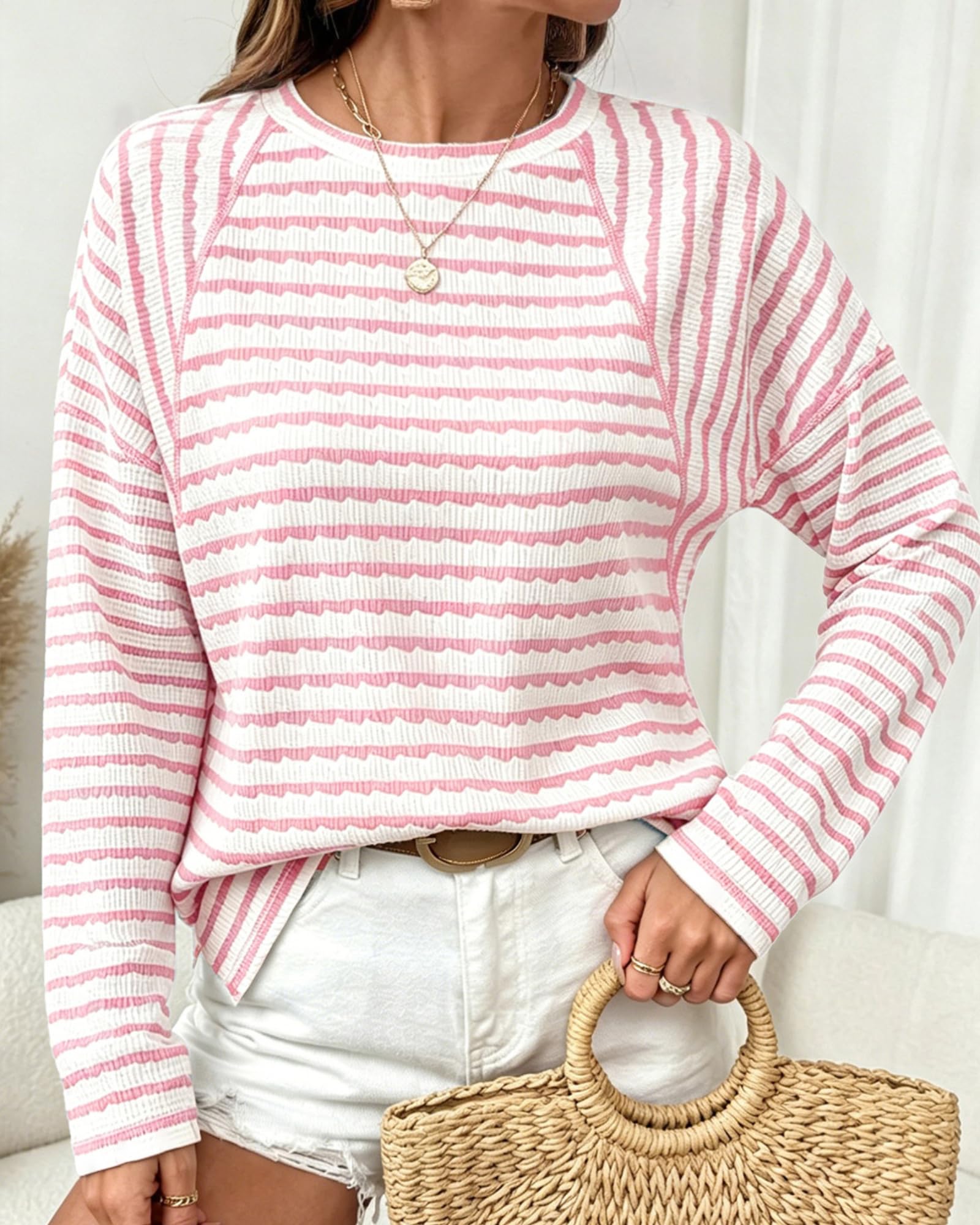 Top da donna a manica lunga con girocollo raglan a righe in maglia strutturata