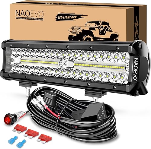 NAOEVO Barra de luz LED de 12 pulgadas, 300 W, 30000 lúmenes, luces LED para todo terrenoconducciónantiniebla, barra LED con kit de arnés de