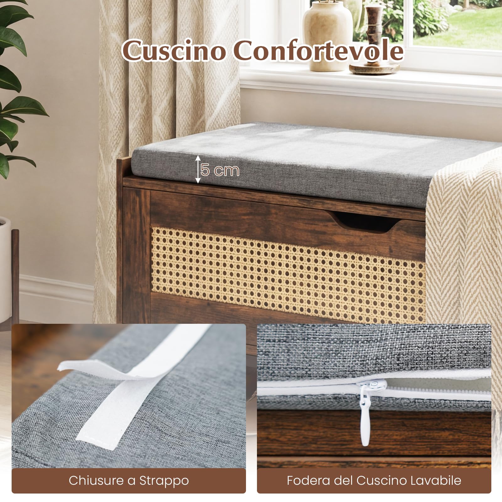 COSTWAY 71L Panca Scarpe con Seduta Imbottita, Cassa Portaoggetti in Rattan con Coperchio Ribaltabile, Panchina da Ingresso con Spazio Nascosto, 100x35x44 cm (Marrone)