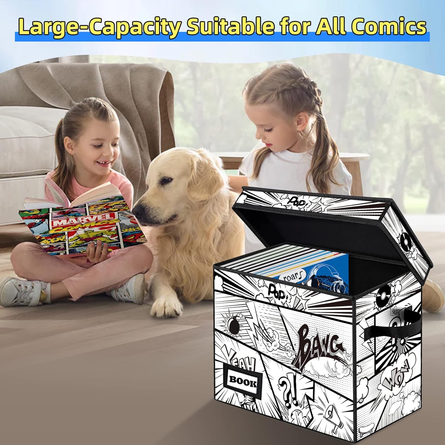 2 Pack Comic Book Storage box, Collection 15.8" X 7.8" X 11.8", Collapsible Holds 160-180 Comic Book Short Box Organizer Container Holder Shelf(Cartoon Bombs)