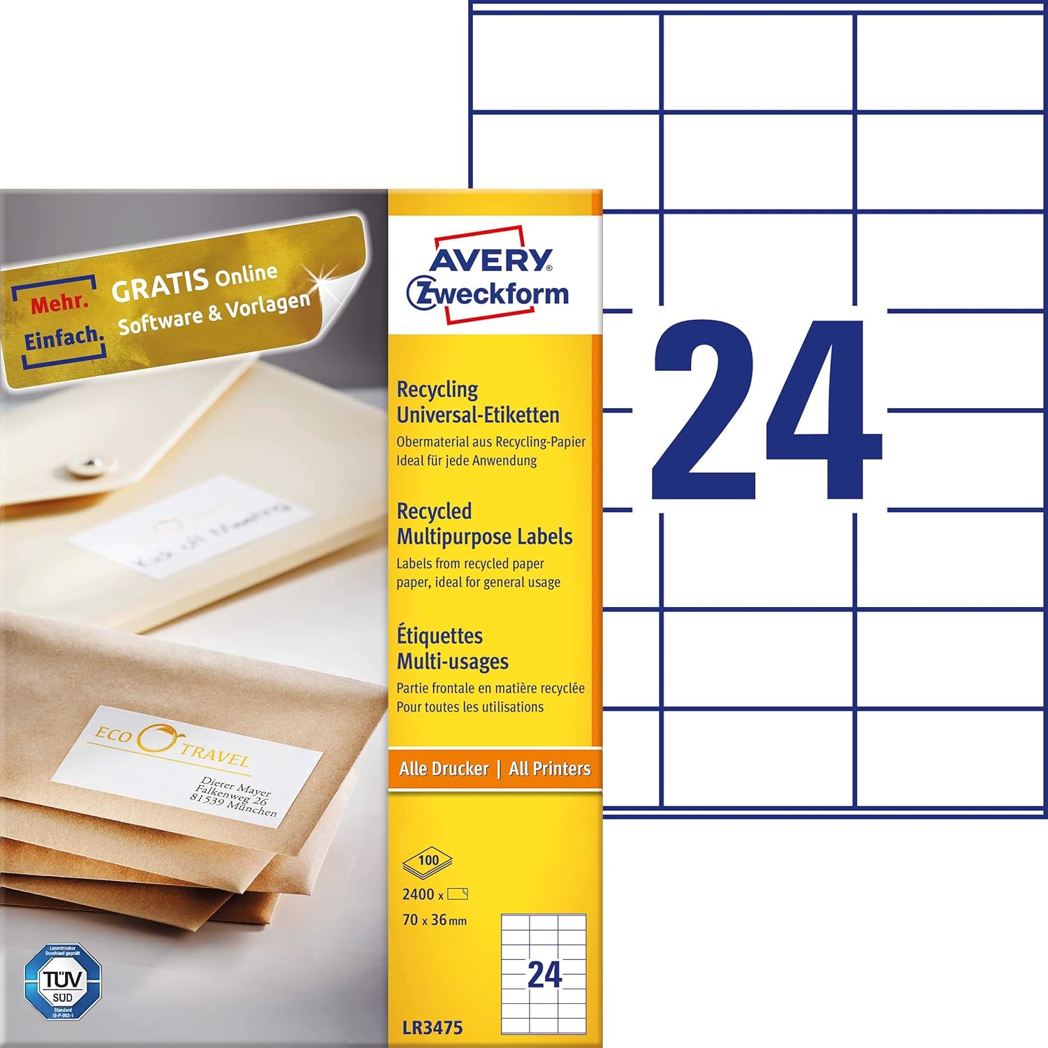 AVERY Zweckform LR3475 Recycled Labels (2,400 Address Labels, 70 x 36