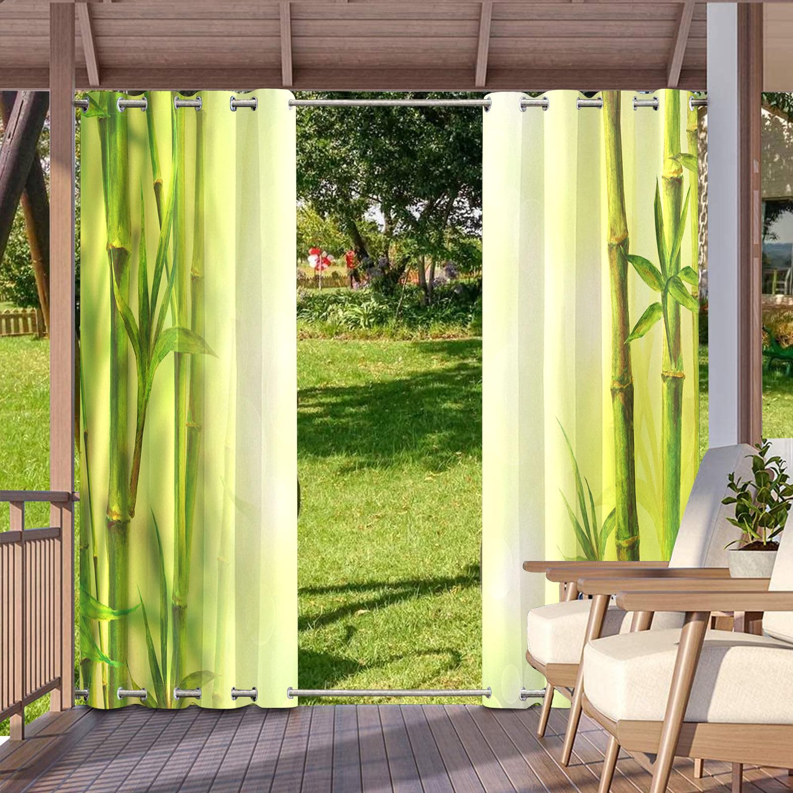 Hiseng Outdoor Vorhänge Wetterfest mit Ösen Oben und Unten, 3D Bambusblatt Muster wasserdichte Outdoorvorhänge 2 Set Verdunkelungsvorhang Sichtschutz Vorhang (Grün Bambus,137x243cm)