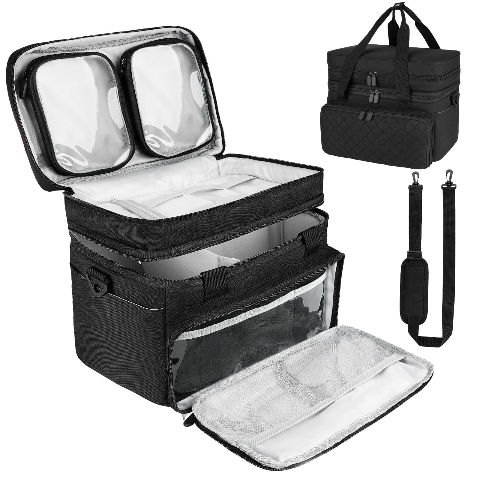 Nähzubehör Organizer Tasche mit Schultergurt – Doppellagige Näh-Aufbewahrung mit 2 herausnehmbaren Taschen – Große Reise-Nähbox für Nähbedarf & Werkzeuge (Schwarz, 30x20 cm)